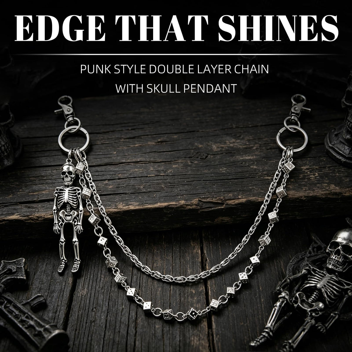 Skull Wallet Chain with 3D Dice Links for Men Women - 2 Layer Punk Pants Chain with Gothic Metal Ornament, Heavy Duty Biker Jean Chain Grunge Belt Loop Accessories for Eboy Egirl Streetwear(Silver)