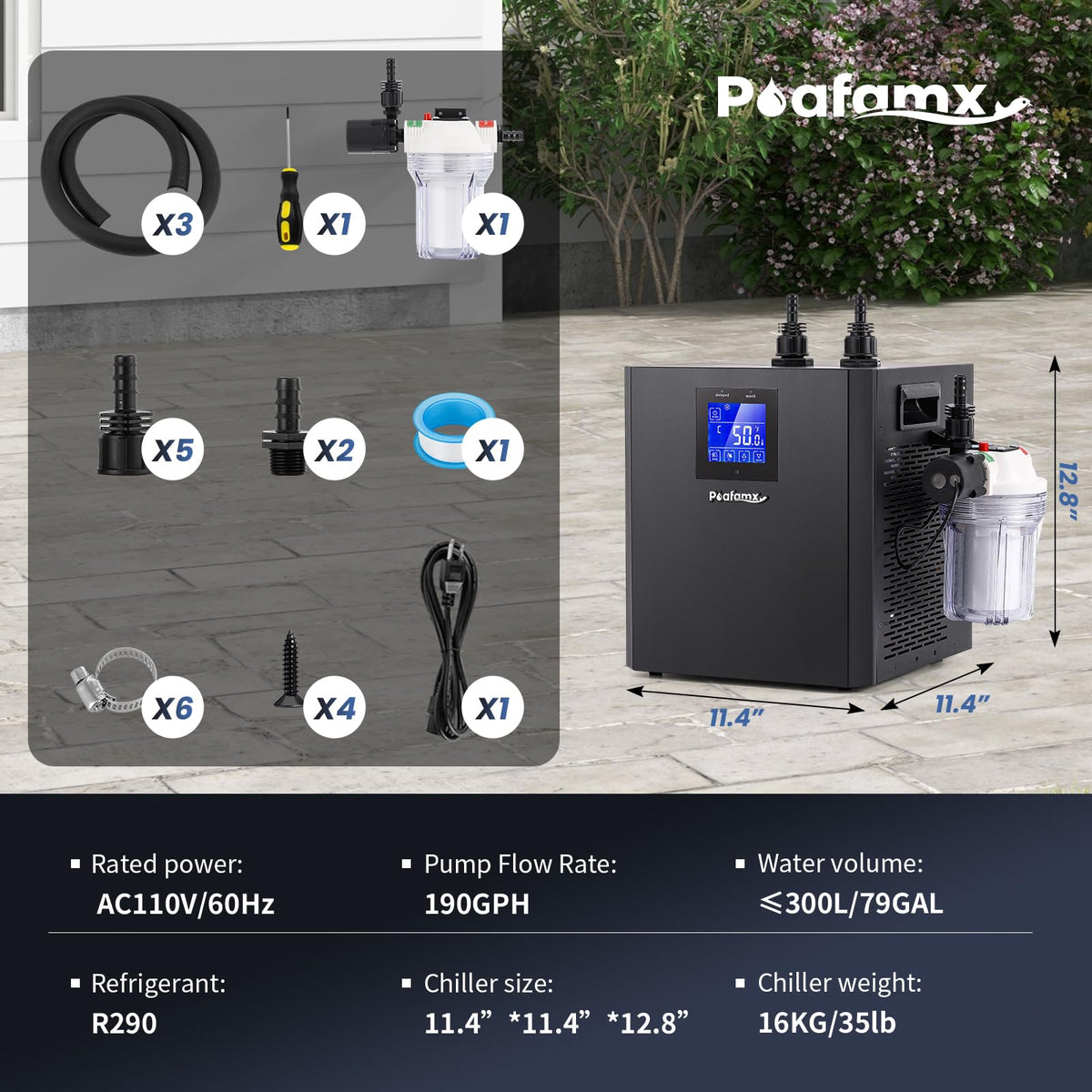 Poafamx Water Chiller for Cold Plunge, 1/3 HP Ice Bath Chiller with External Water Pump Filter Insulated Hoses, Quiet 79Gal Ice Bath Cooler for Cold Therapy Athletes Recovery Home Use 110V