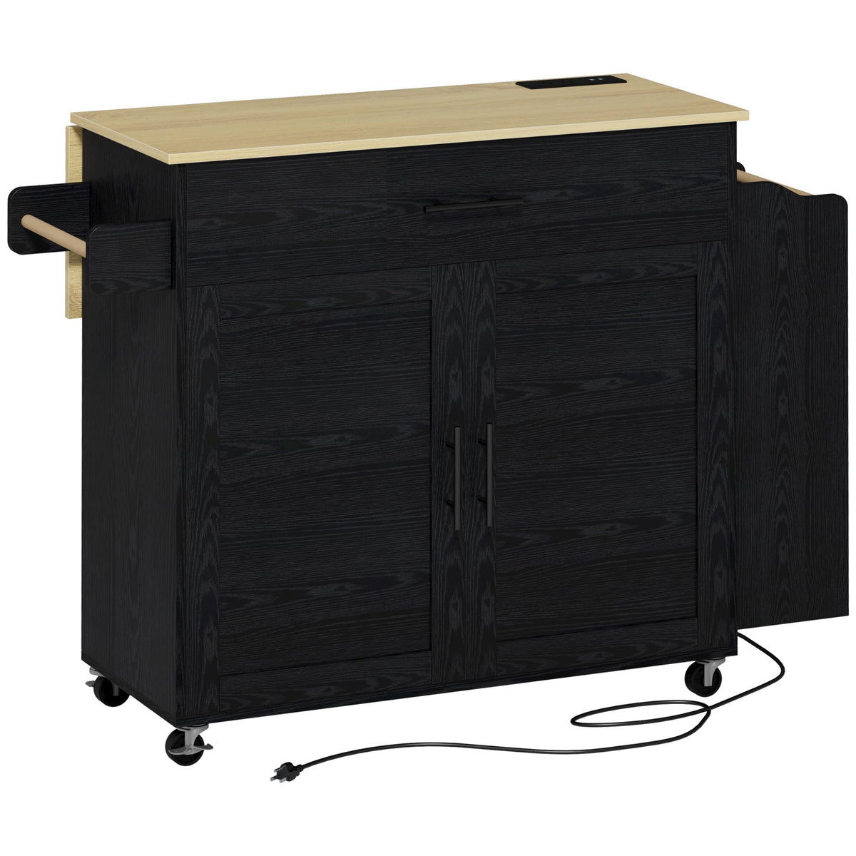 IRONCK Kitchen Island with Storage, Rolling Kitchen Island on Wheels with Drop Leaf, Charging Station, 3 Open Spice Rack, Cabinet, Drawer, Kitchen Cart Island Table for Kitchen, Black