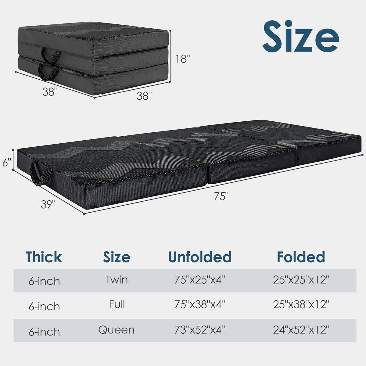 INGEROOM Foldable Mattress Queen - Memory Foam 6 inch Trifold Mattress for Camping, with Portable Handle, Non-Slip Folding Floor Bed Sofa for Guest Travel Yoga, Washable Breathable Cover