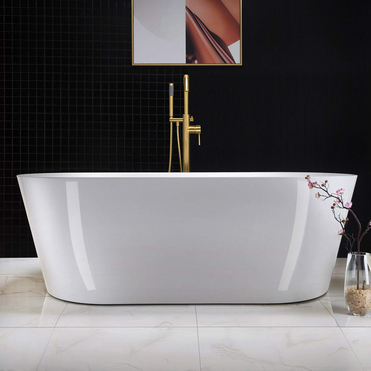 WOODBRIDGE 67" Acrylic Freestanding Bathtub Contemporary Soaking White Tub with Brushed Gold Overflow and Drain，B0013-BG