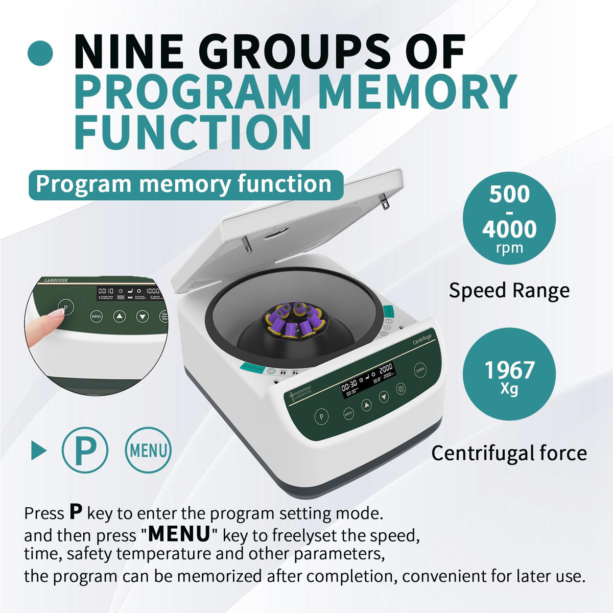 LABHOUSE Centrifuge Machine PRP PRF 2ml-5ml/10ml/15mlx8 Speed 500-4000rpm 1967xg RCF Lab Benchtop Centrifuges Store 9 Programs Timer 30sec-99min