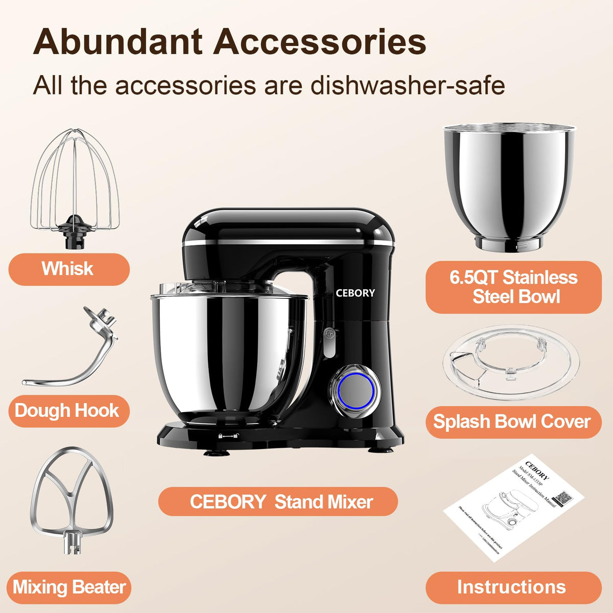 CEBORY 3-IN-1 Electric Stand Mixer, 6.5QT Bowl 660W 10-Speed Kitchen Mixer, Household Food Mixers include Dough Hook, Beater and Whisk, Bread Cake Mixer for Baking and Most Home Cooks, Black