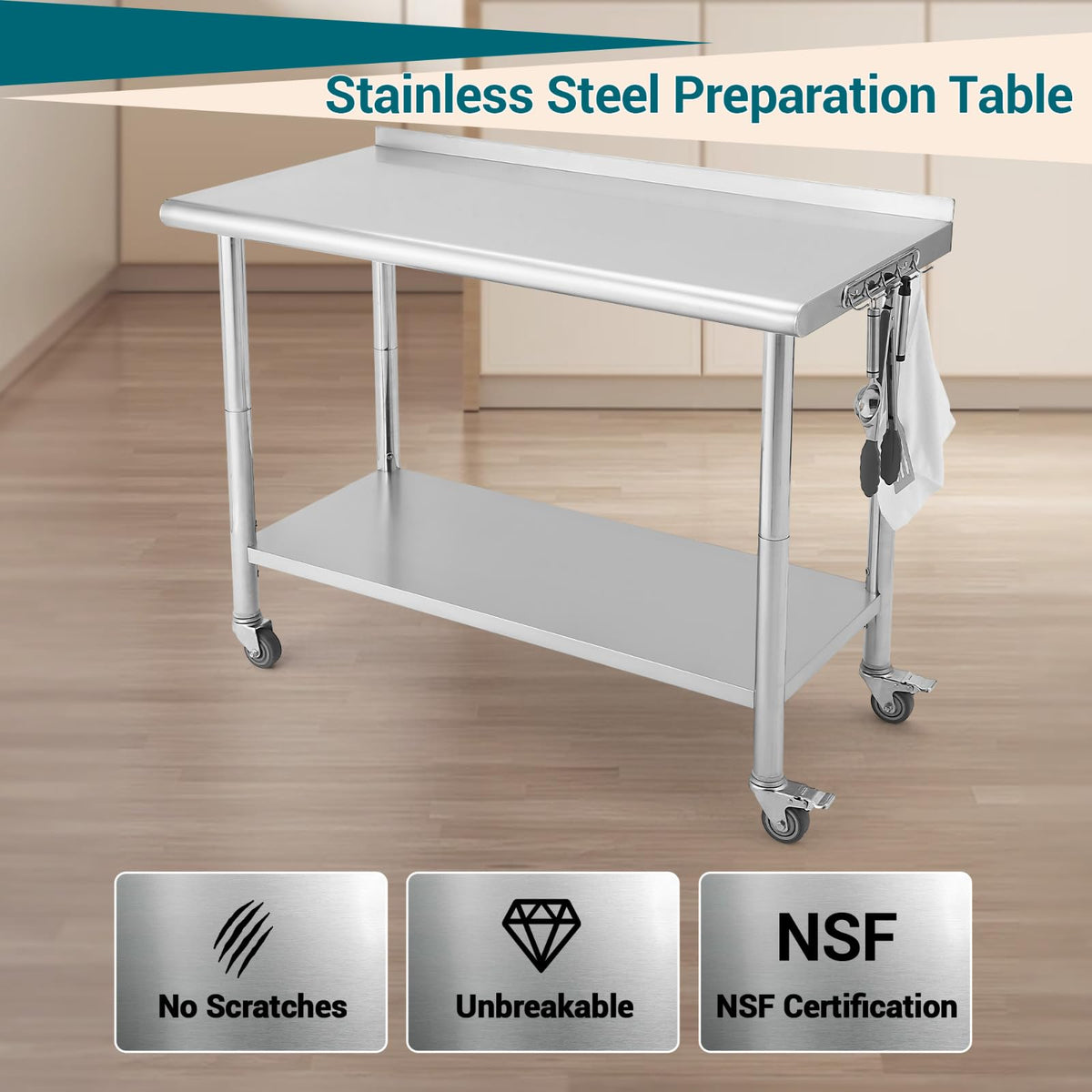 MilleLoom Stainless Steel Work Table with Wheels - 36"x24" Commercial Food Prep Table with Removable Trash Rack & Adjustable Undershelf, Heavy Duty Metal Worktable for Restaurant, Kitchen, Home