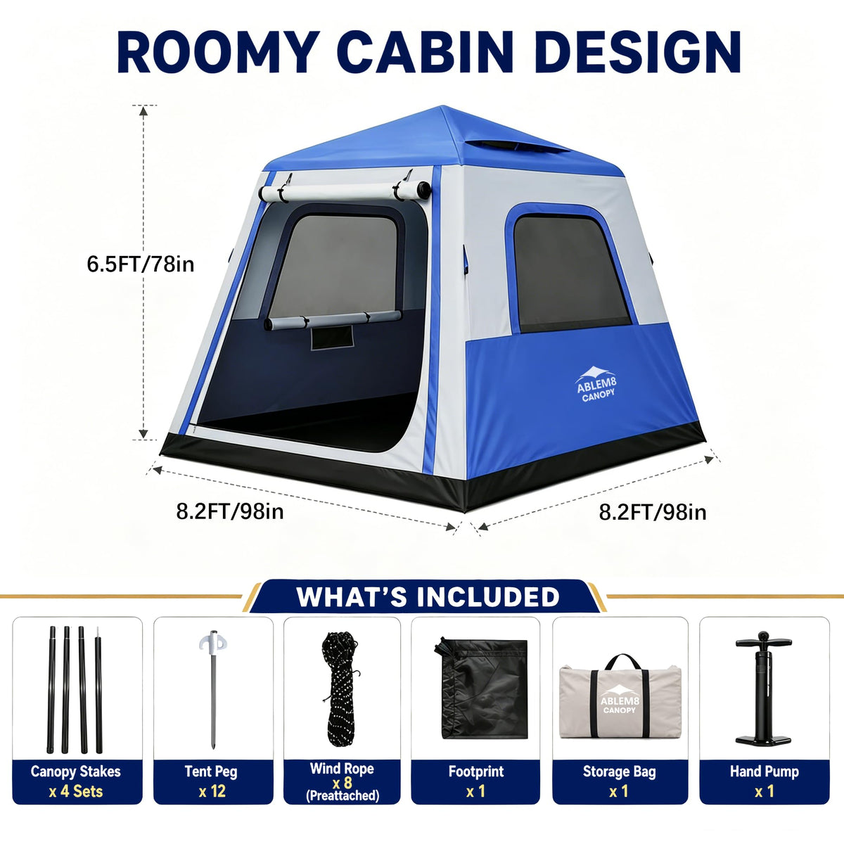 Inflatable Camping Tent with Pump, 2-4 Person Air Tent, Easy Setup Waterproof Blow Up Cabin with Awning for Outdoor Camping