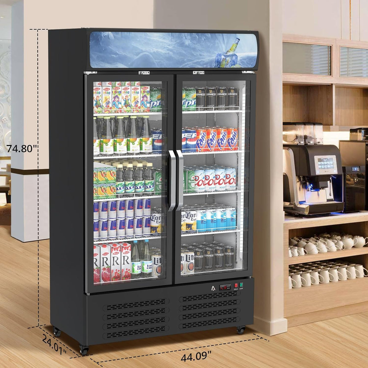 ACONEE Commercial Merchandiser Refrigerator, 25.3 cu ft Capacity Glass Door Upright Display Fridge, Commercial Display Refrigerators with LED Top Panel, Display Refrigerator Drink Cooler Case for Shop
