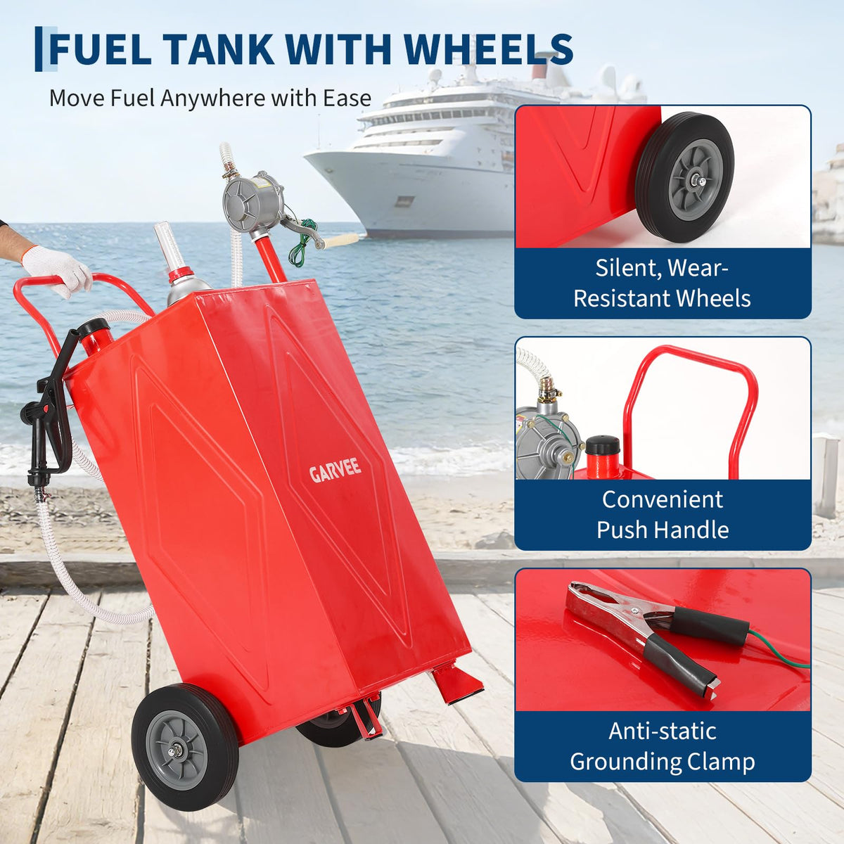 35 Gallon Fuel Gas Caddy Storage Tank, Portable Gas Caddy Fuel Transfer Tank with Wheels, Manual Rotary Pump, Hose, Wide Mouth Fill Port, Fuel Level Gauge, Mobile Gasoline Diesel Transfer Cart for ATV, Tractor, Mower, Car, Boat
