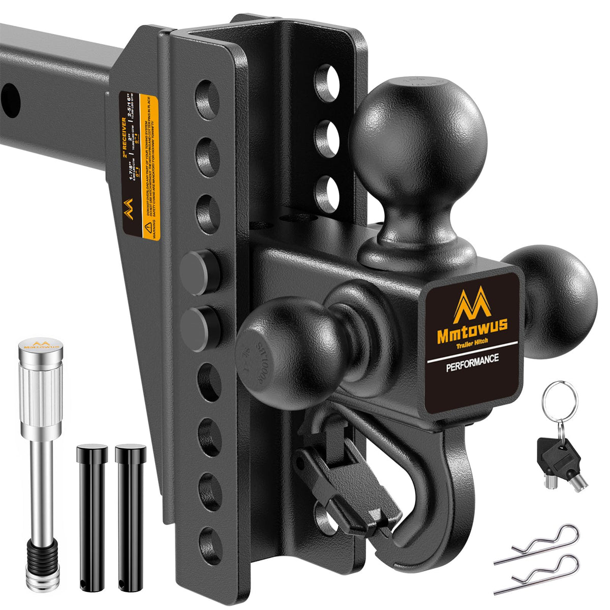 Mmtowus Adjustable Trailer Hitch - Drop Hitch 2-Inch Receiver - Tri Ball Mount with Hook (1-7/8'', 2'' & 2-5/16''), 8'' Drop/Rise Tow Hitch, 12,500 LBS GTW, 3 Ball Hitches for Trucks, RV, Camper etc