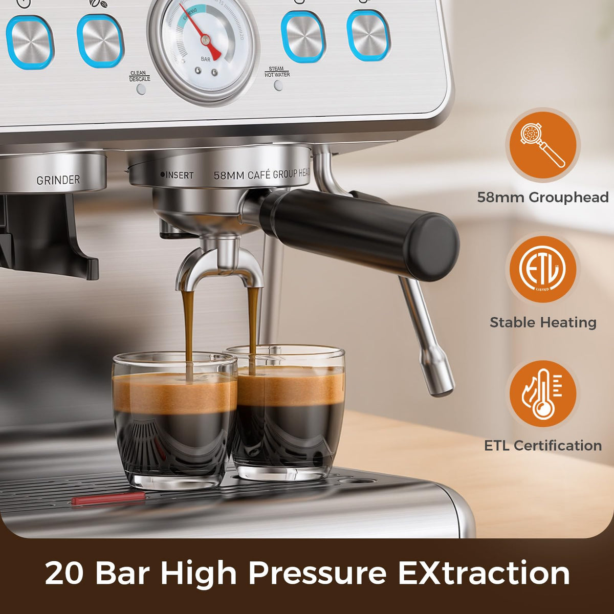 (2026 Upgrade)Electactic Espresso Machine with Grinder, 20 Bar Expresso Coffee Machines, Professional Coffee Maker for Latte & Cappuccino with Milk Frother&Steam Wand,Expresso Machines for Home-Silver
