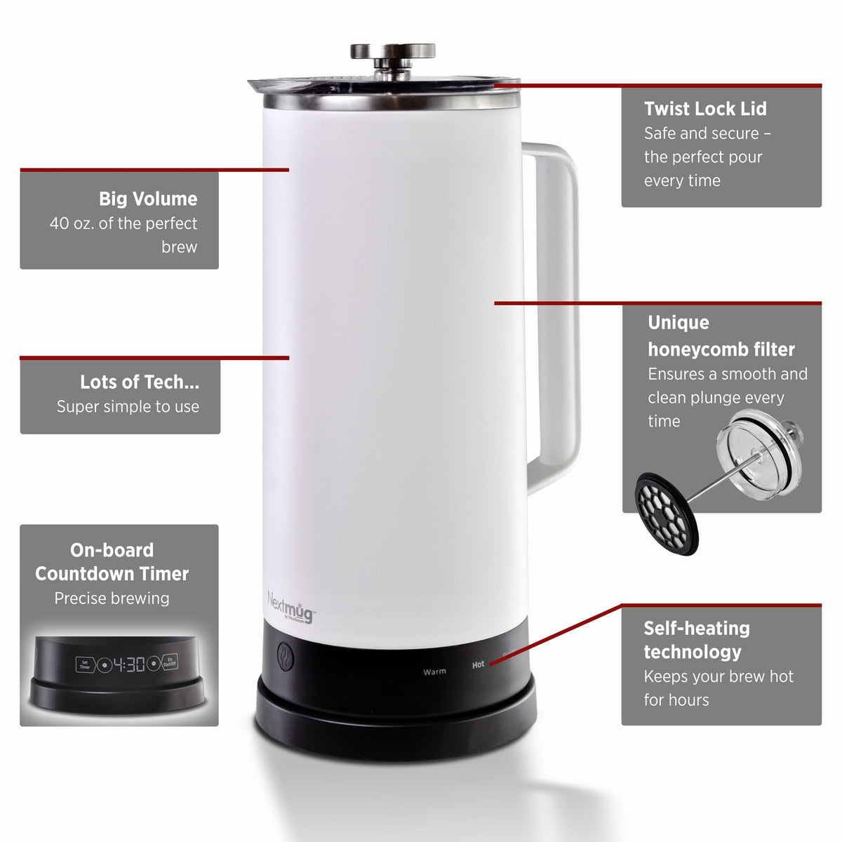 Nextmug Press - Temperature-Controlled, Self-Heating French Press (White - 40 oz.)