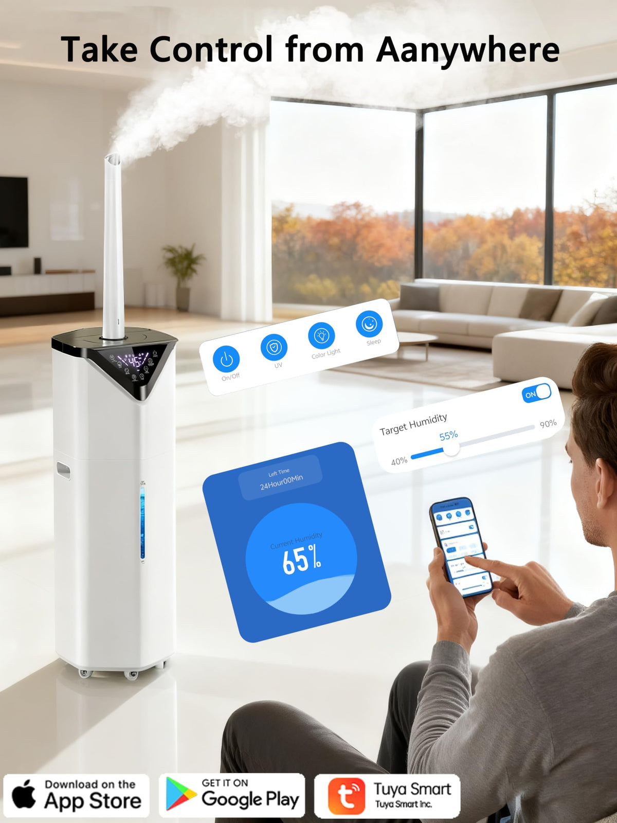 AERZY 5Gal Smart Humidifier Large Room up to 2800ft², 1000mL/h, APP & Remote Control, 180° Auto Rotating Nozzle, 24H Timer, 60H Supersized Cool Mist Humidifiers for Whole House Home Office Plants