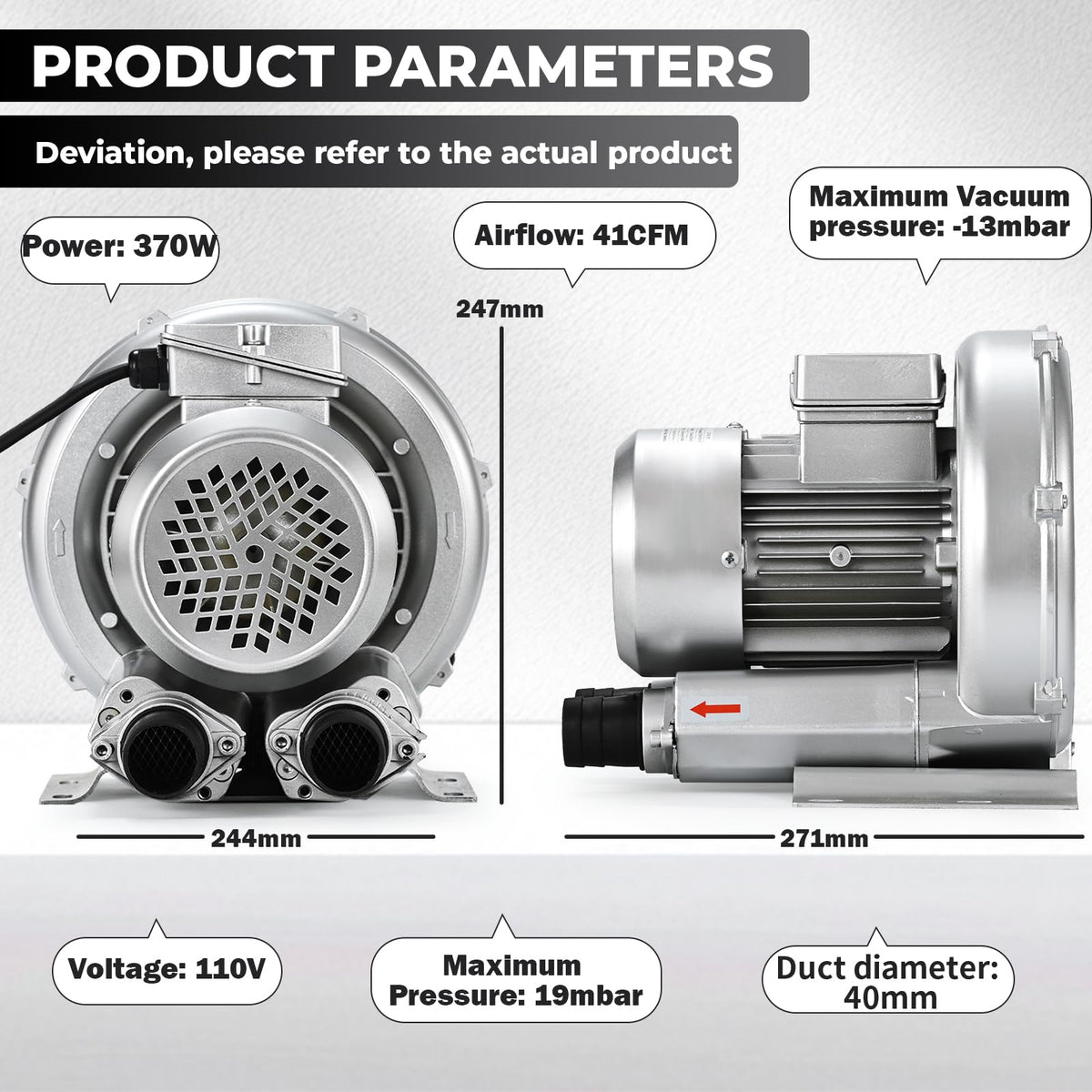 Byjoph 0.6HP Regenerative Blower, 41CFM 110V 60Hz Single Phase, High-Pressure Vortex Ring Blower, Industrial Vacuum Pump for Air Blowing Or Suction for Sewage Aeration Aquarium Fish Pond, Silver