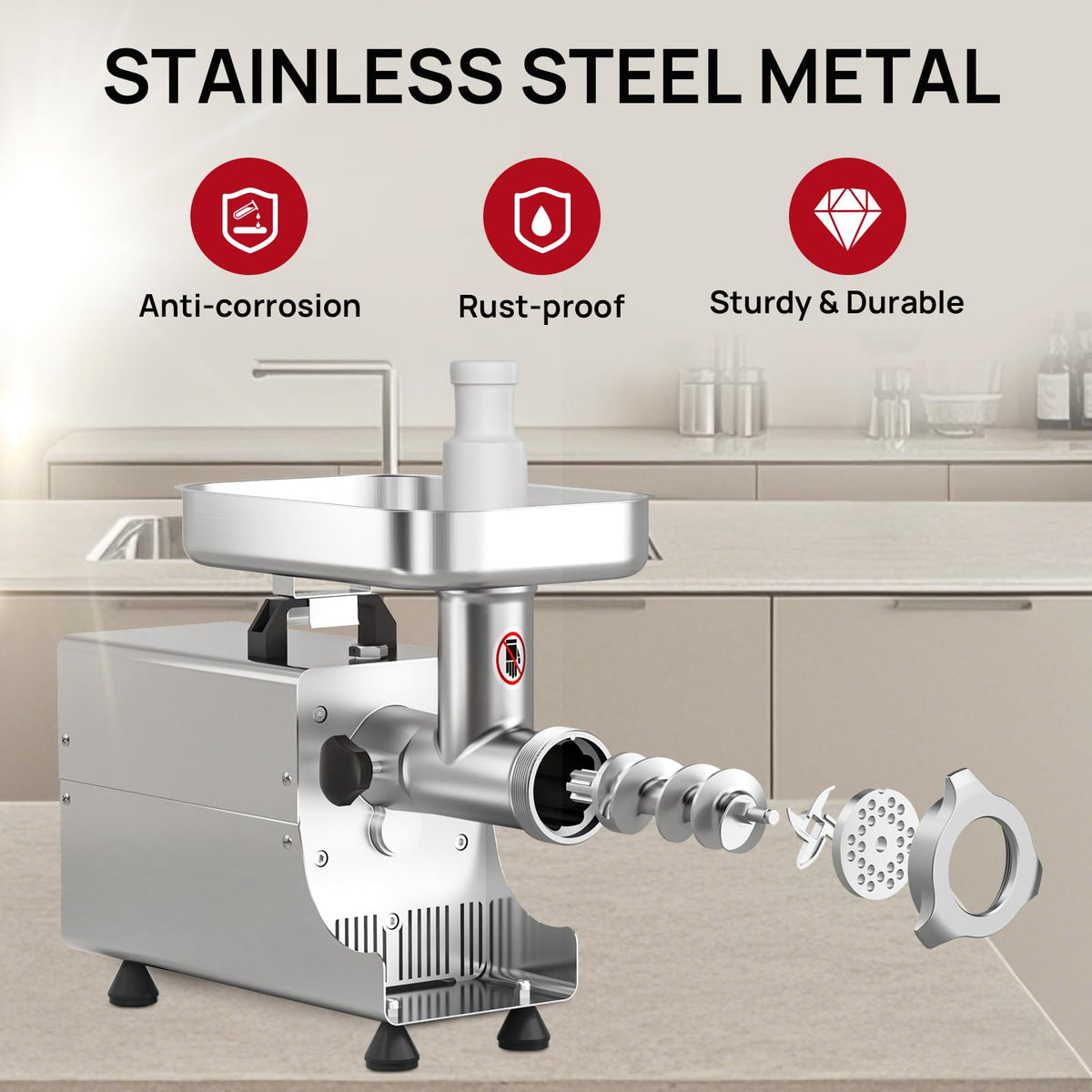 ARINOO Commercial Electric Meat Grinder #8, 0.6HP Heavy Duty Industrial Stainless Steel Meat Mincer with 2 Blades, 2 Plates & 3 Stuffing Tubes,Meat Grinder Machine for Home Kitchen & Restaurant Use