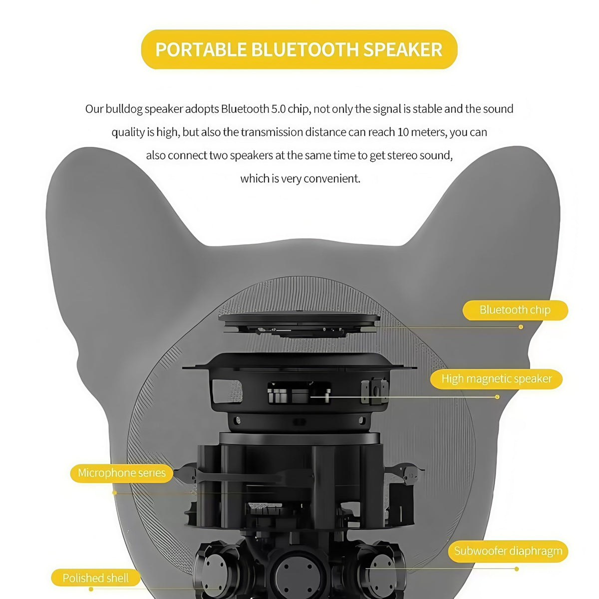 DTHUIHUA Bulldog Wireless Speaker - Portable Bluetooth with Loud Stereo Sound, Compact Outdoor Speaker for Camping & Travel | Audio Gift for Home, Cute Companion Design（Matte Black）