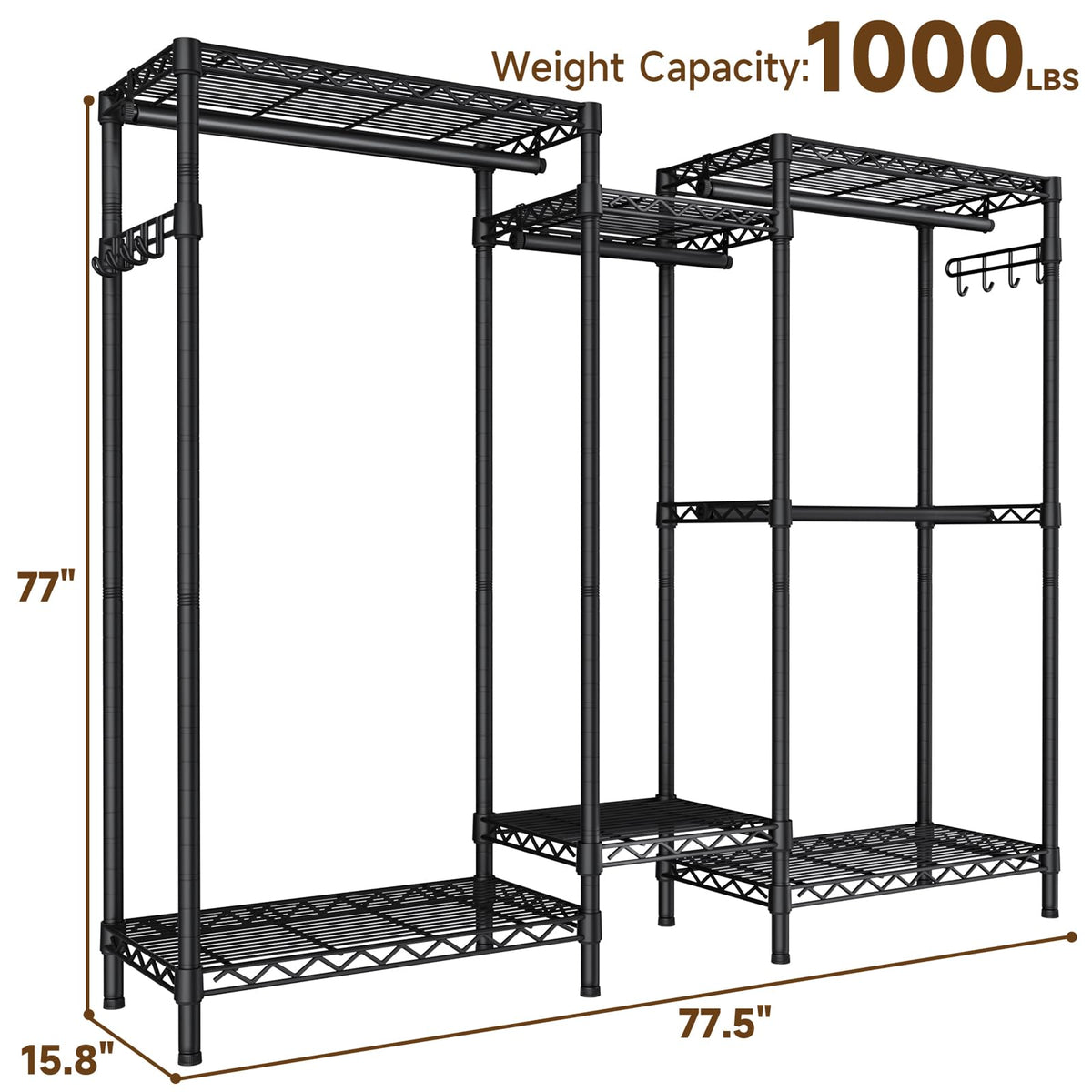 Golpart Heavy Duty Garment Rack Clothes Rack,Large Metal Closet Organizer System Storage Wardrobe,Freestanding Clothing Rack Black 15.75" D x 77.5" W x 77" H