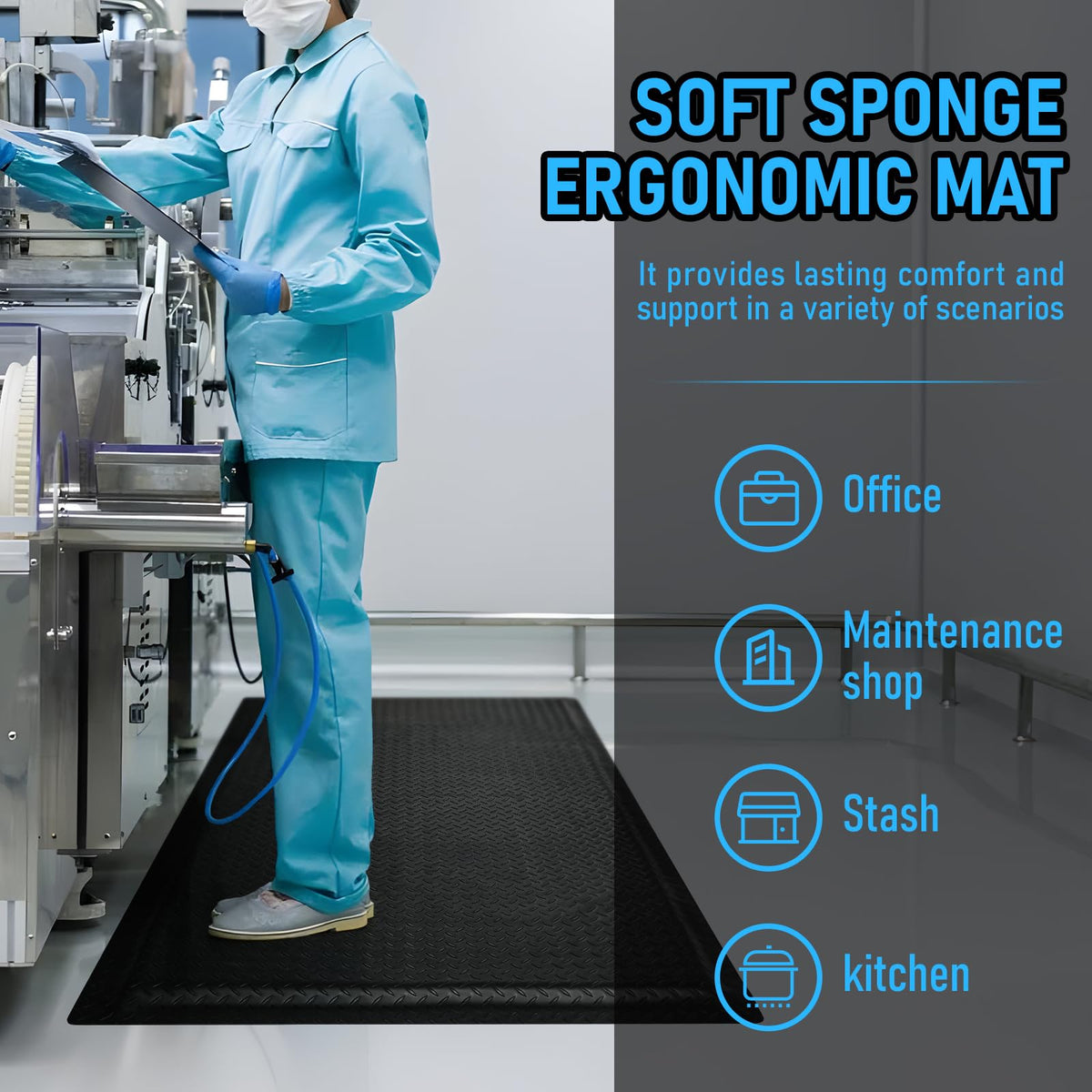 GOOFCXO 3 x 7 FT Anti Fatigue Mats Industrial 15/16 Inch Thick Soft Sponge Ergonomic Mat Durable Heavy Duty Diamond Plate for Standing Non Slip Industrial Grade Floor Mat for Leg & Back Pain Black