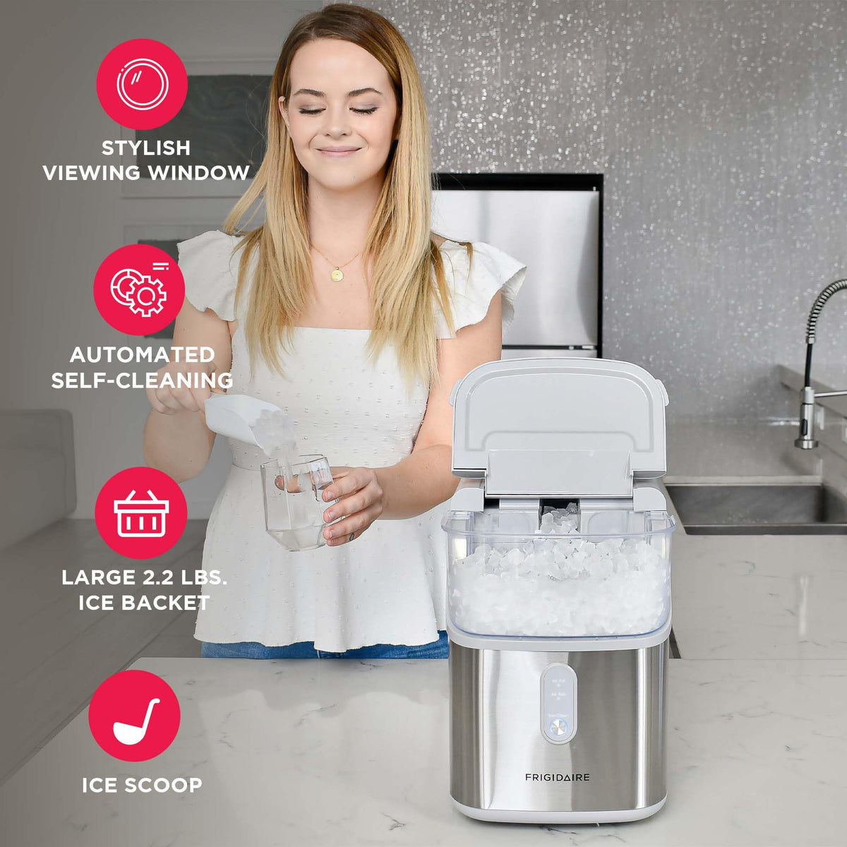 Frigidaire Countertop Crunchy Chewable Nugget Ice Maker, Compact, 33lbs per Day, Metallic Finish
