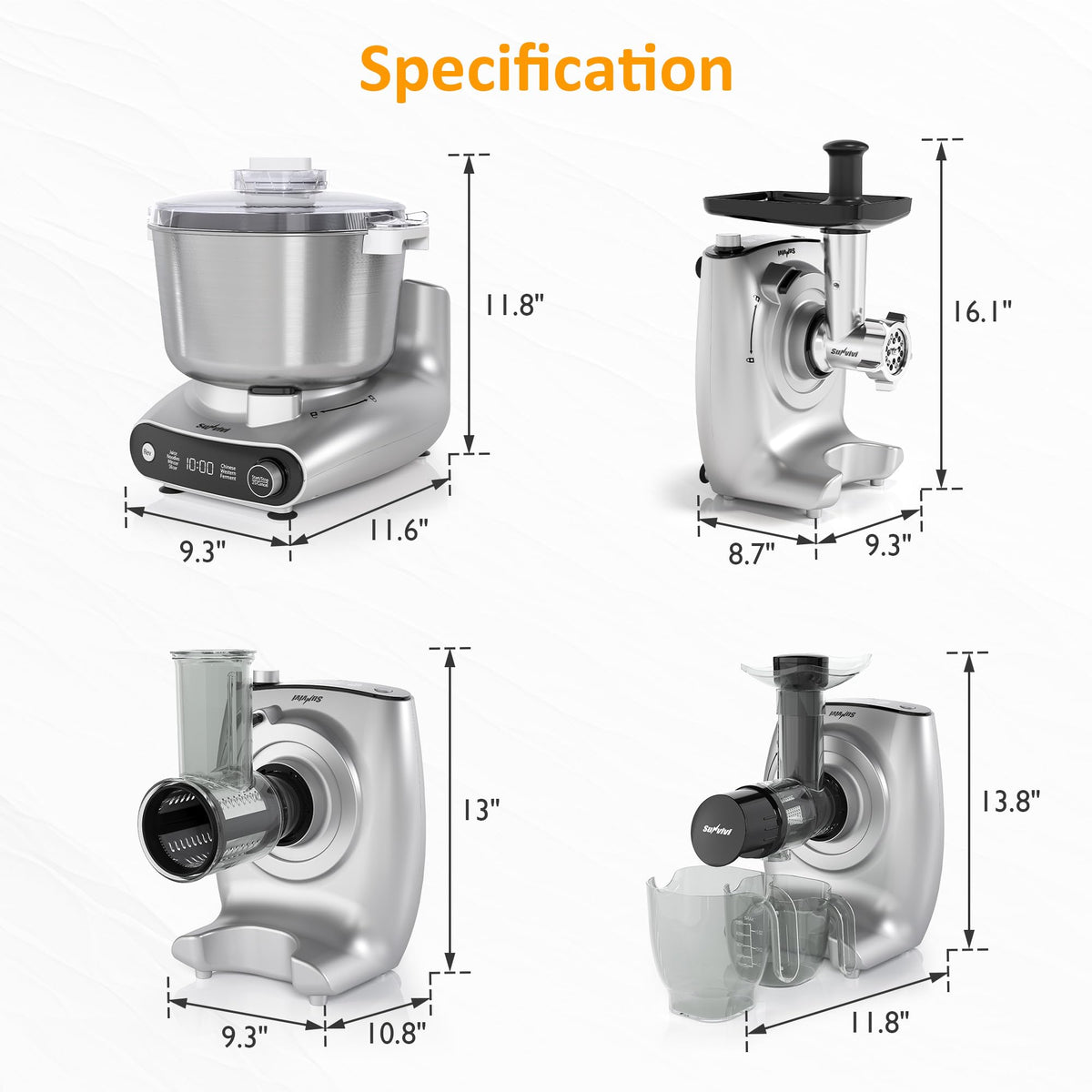 Sunvivi 4-in-1 Multifunction Stand Mixer with Fermentation, 5.3QT Electric Dough Mixer for Chinese & Western Dough, Slow Juicer, Meat Grinder, Salad Maker, LED Display & Knob Control, Stainless Steel