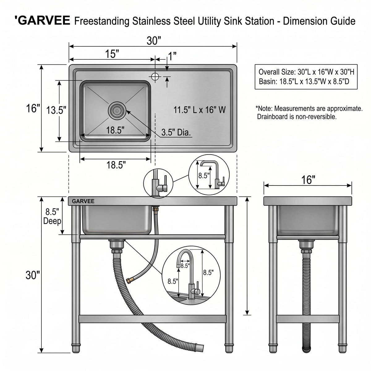 Freestanding Utility Sink 30 x 16 x 30 Inch, Stainless Steel Single Bowl Laundry Sink with Side Drainboard, t-Shape Hot and Cold Water Faucet, Compact Wash Station for Garage Basement Apartment