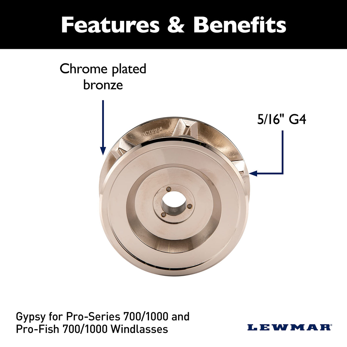 Lewmar Pro Series Gypsy RC 5/16" G4 in Chromed Bronze – Replacement Gypsy for Pro-Series 700/1000 and Pro-Fish 700/1000 Windlasses, Made from Chrome Plated Bronze