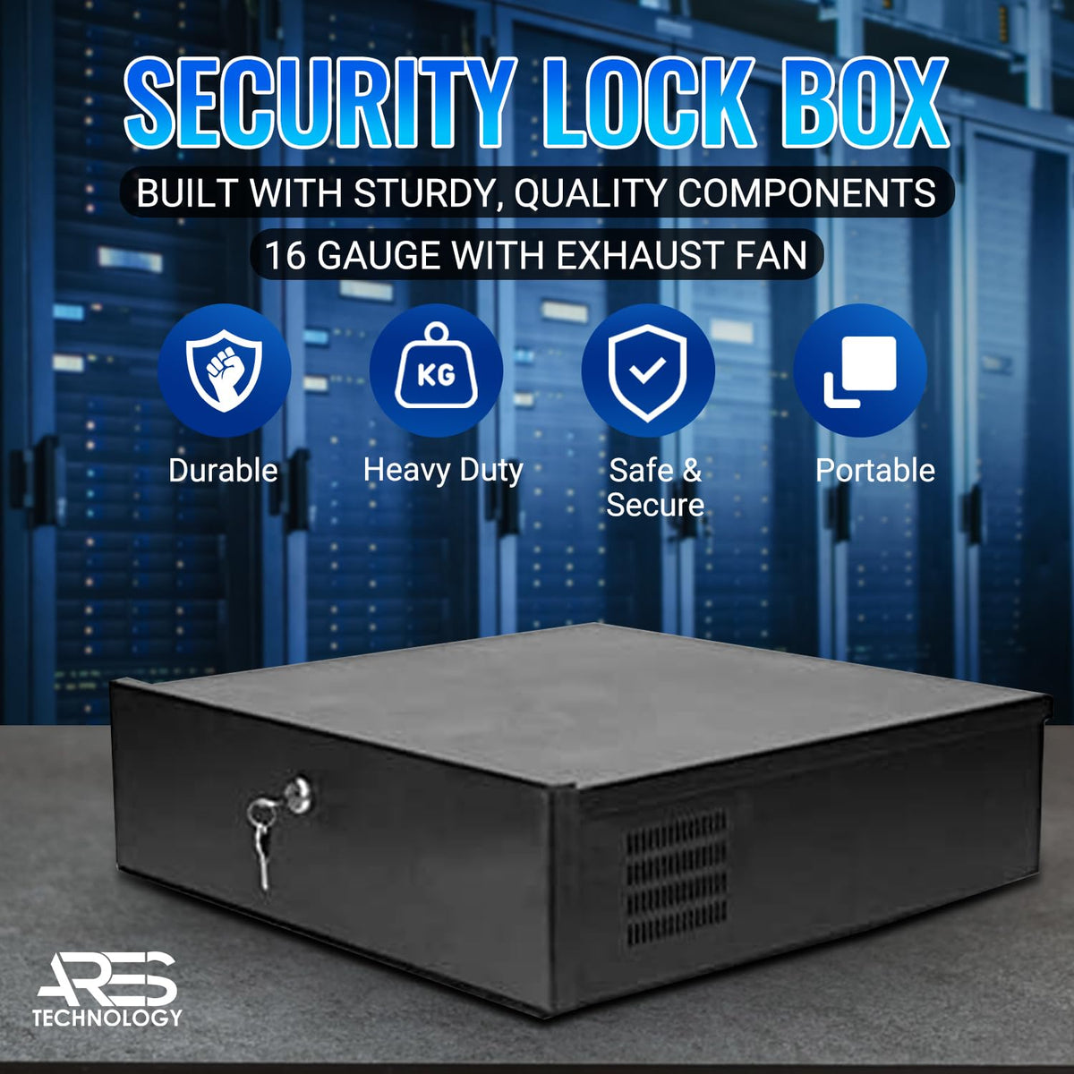 ARES VISION DVR Lock Box 18" x 18" x 5" – Heavy Duty 16 Gauge Steel Security Enclosure with Fan, Lock & Key, Cable Knockouts – Secure NVR, Router, AV Equipment for Home & Commercial Use