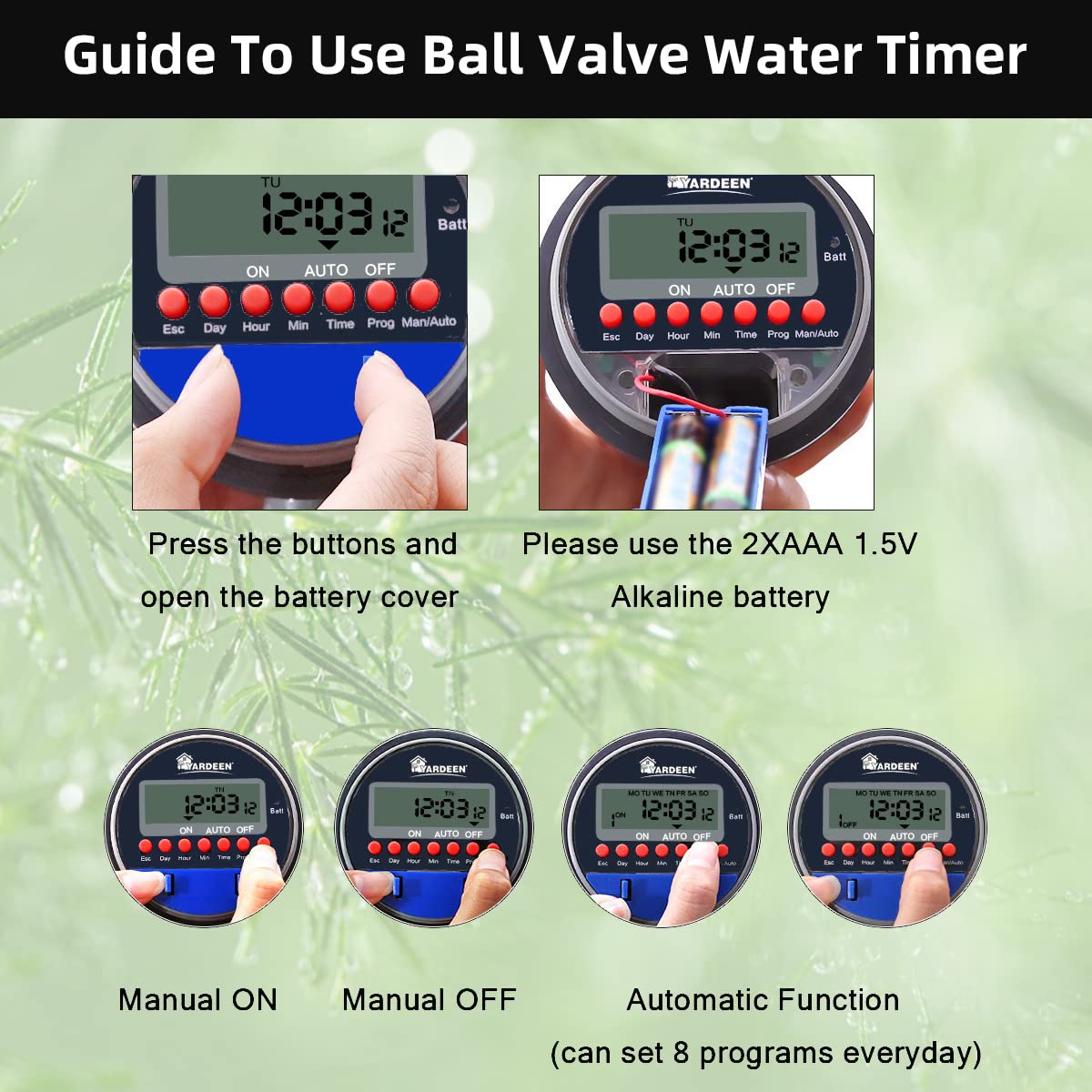 Yardeen Electronic Water Timer Garden Irrigation Controller Digital Intelligence Watering System LCD Waterproof, No Water Pressure Required