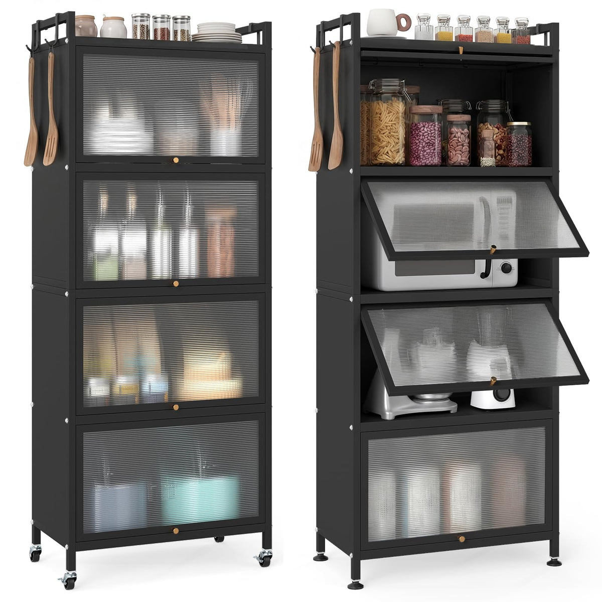 Giantex 5-Tier Kitchen Storage Cabinet, Mobile Microwave Stand with Flip-up PC Doors, Freestanding Kitchen Bakers Rack with 4 Rolling Casters, for Dining Room, Living Room and Study, Black
