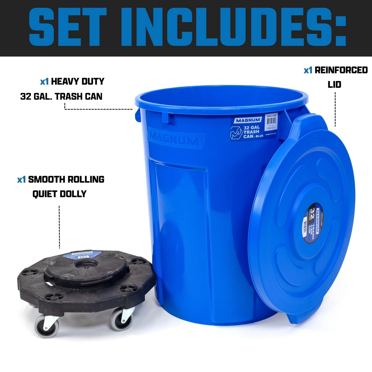 Magnum Blue 32 Gallon Trash Can Set (Trash Can, Quiet Dolly, and Reinforced Lid), Construction Grade, Jobsite Ready for Handling and Rolling Garbage CMTC-CLD0-32B01 (1 Set)