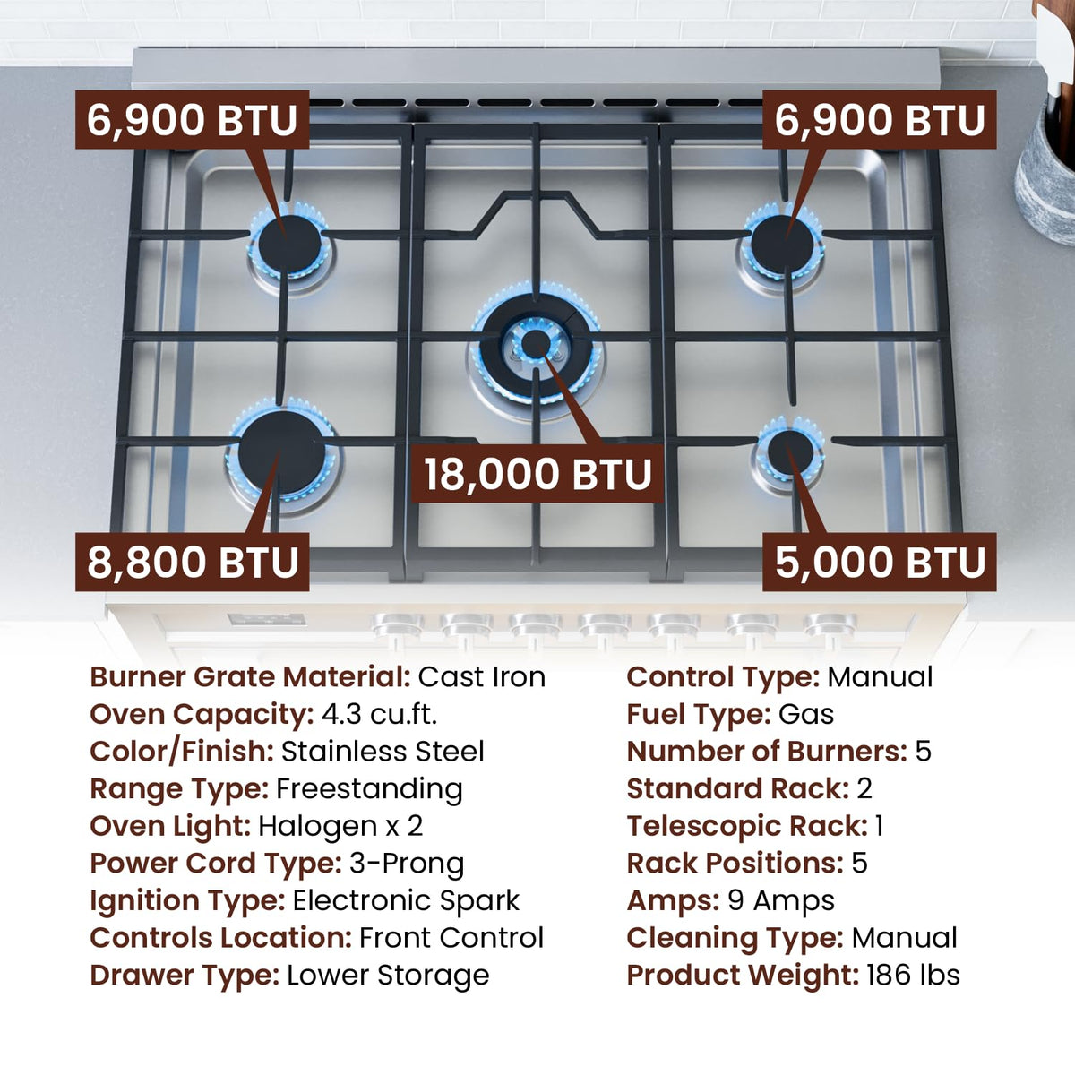 Rangaire RRG361TS 36" Gas Range Oven with Timer - Stainless Steel, Sealed Burners, Convection Fan, Easy Reach Racks