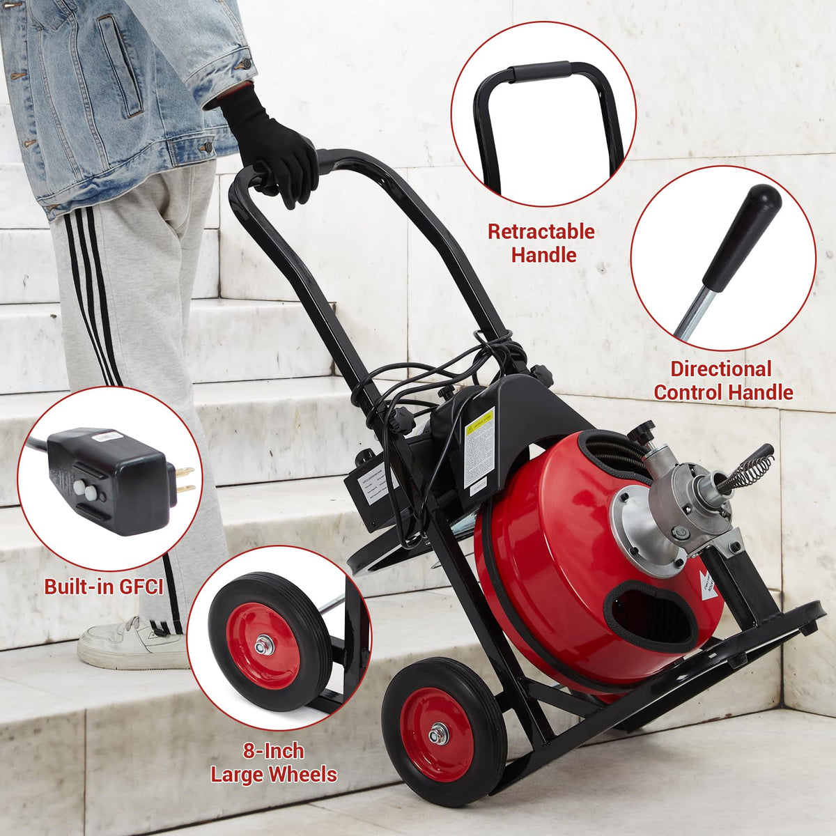 GarveeTech Auto Feed 100 ft x 3/8 in Drain Cleaner Machine with 250W Motor, Portable Sewer Snake Auger with 8 Cutters & Air-Activated Foot Switch, Fits 1 in to 4 in Pipes, Black & Red