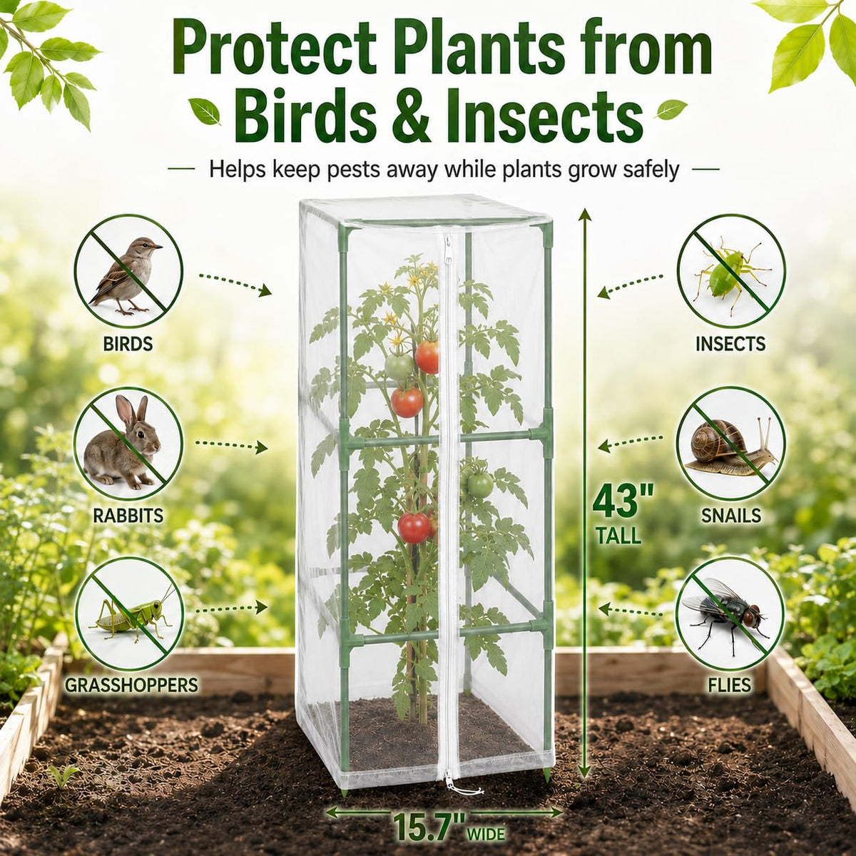 Halatool Garden Tomato Plant Cover Netting, Fits 40–50" Tall Square Tomato Cages, Garden Bird Netting with Zipper & Drawstring, Insect Barrier, Plant Covers from Insects Animals, 4 Pack, 43"×15.7"