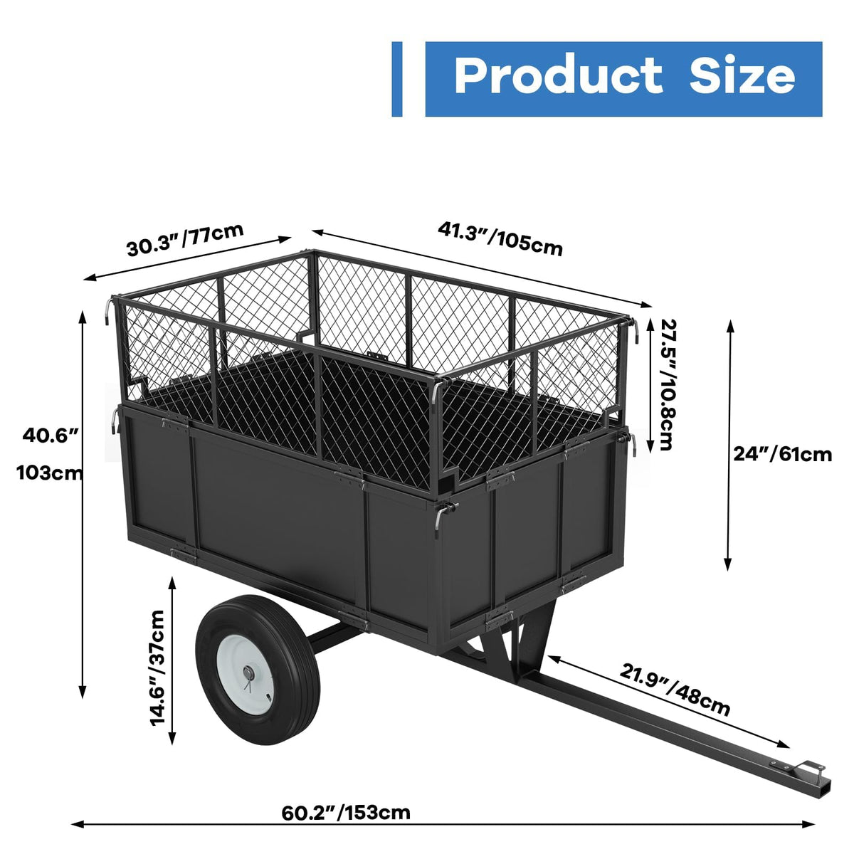 Towallmark 750 Lbs Heavy Duty Dump Cart, 17 Cu ft Steel Utility Wagon with Removable Mesh Sides & Pneumatic Tires, Tow Behind Garden Trailer for Lawn Tractor, Mower, Yard Debris Hauling