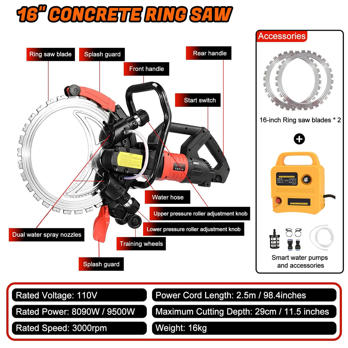 Electric Concrete Saw 16 In, Toroidal Electric Concrete Saw Cutting Machine, With an Intelligent Water Pump for Reinforced Concrete, Ceramic Tiles, Red Brick Walls(8090W)