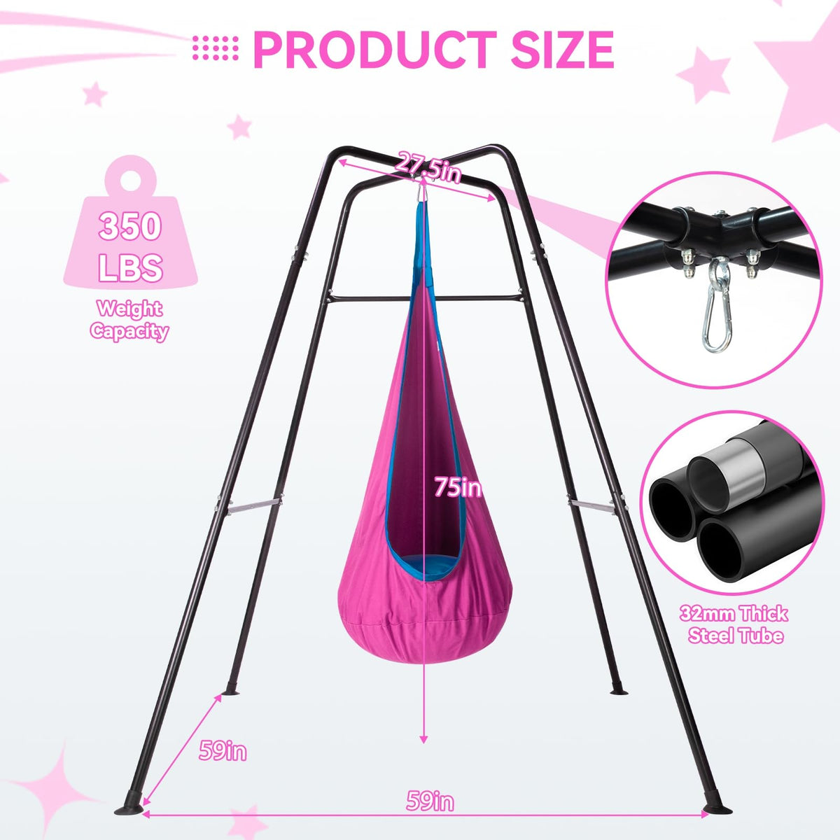 Swing Stand Frame with Sensory Pod Swings,Sensory Swing Set for Kids,Heavy Duty Metal Swings Frame,Cotton Sensory Pod Swing for Kids Indoor and Outdoor 330LBS Pink