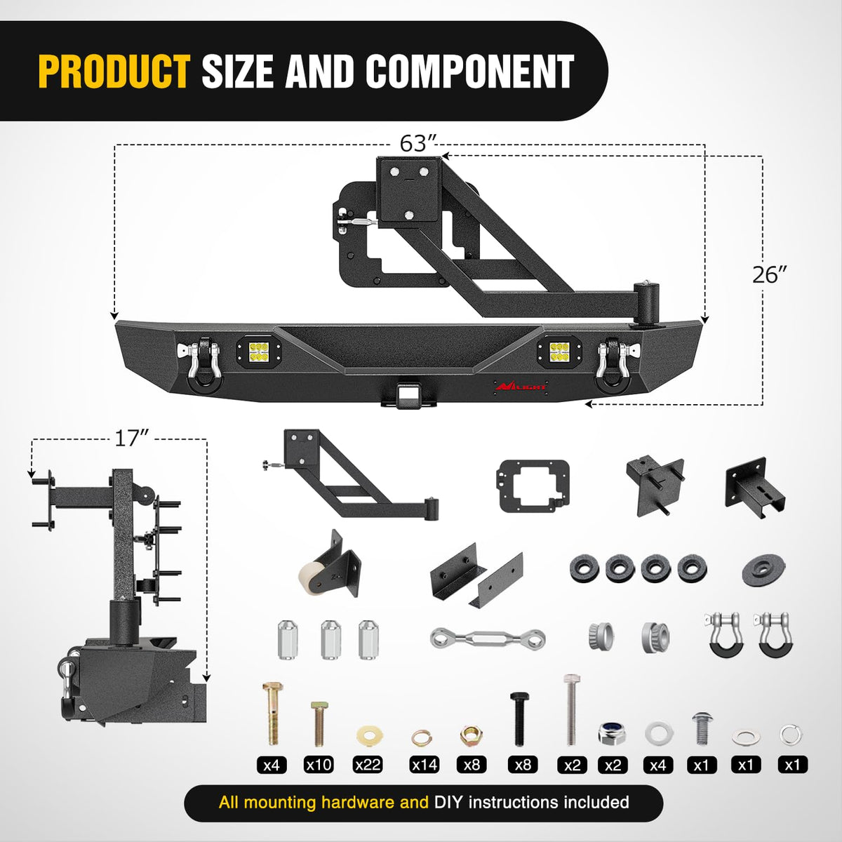 Nilight Rear Bumper with Spare Tire Carrier Compatible for 2007-2018 Wrangler JK & Unlimited (2/4 Doors) Hitch Receiver w 2 LED Lights D-rings