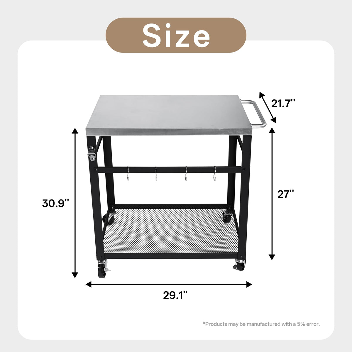 KEIKI 2-Tier Outdoor Grill Cart Table with 4 Wheels, Tool Hooks, Mesh Shelf, Movable BBQ Cooking Prep Table, Pizza Oven Table, Serving Bar Cart for Backyard, Indoor, Outside, Kitchen, Stainless Steel