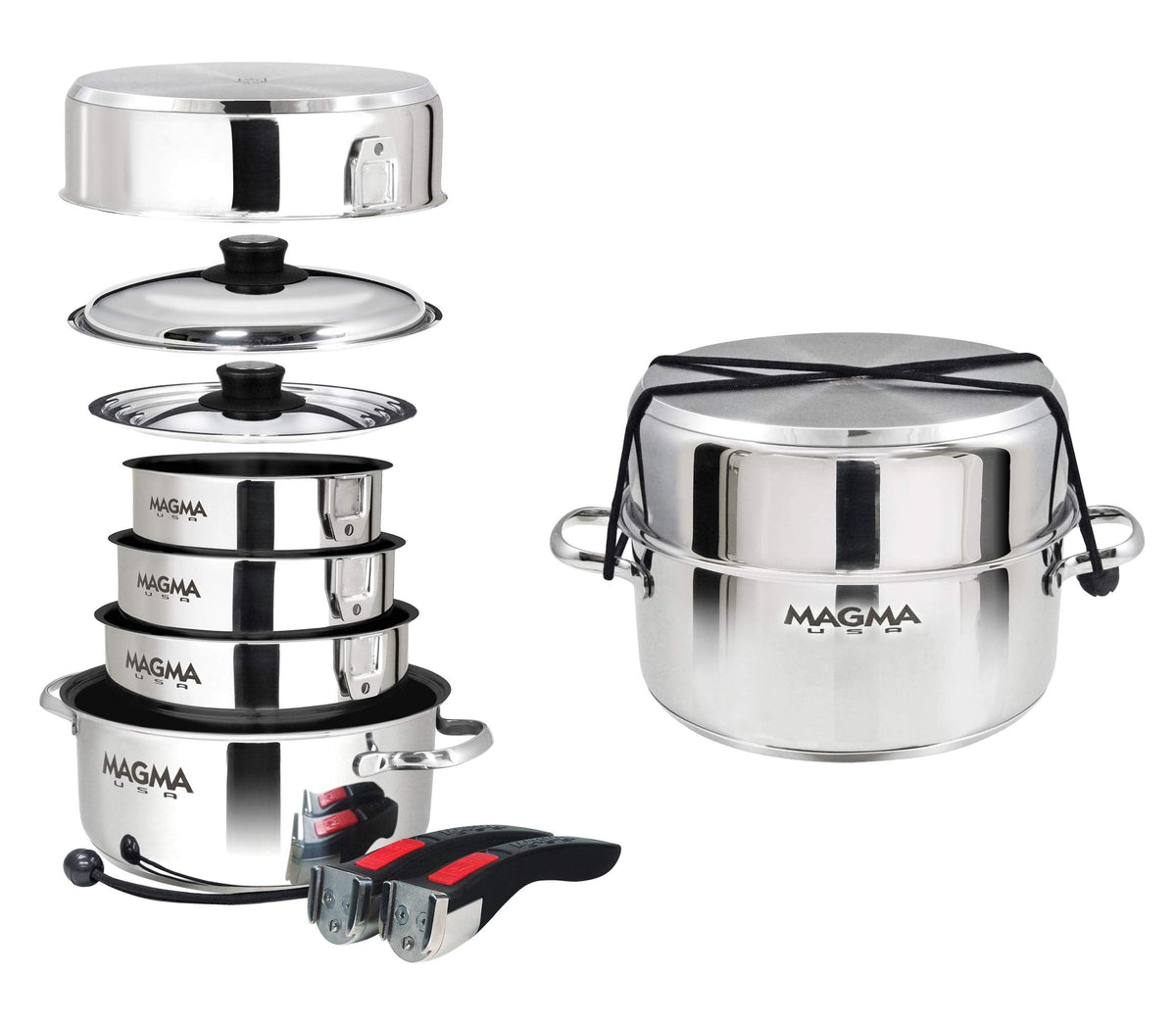 Magma 10 Piece Gourmet Nesting Stainless Steel Cookware Set with Ceramica Non-Stick, Induction Compatible, Oven Safe to 500°F - Suitable for All Stovetops, Removable Handles, Silver