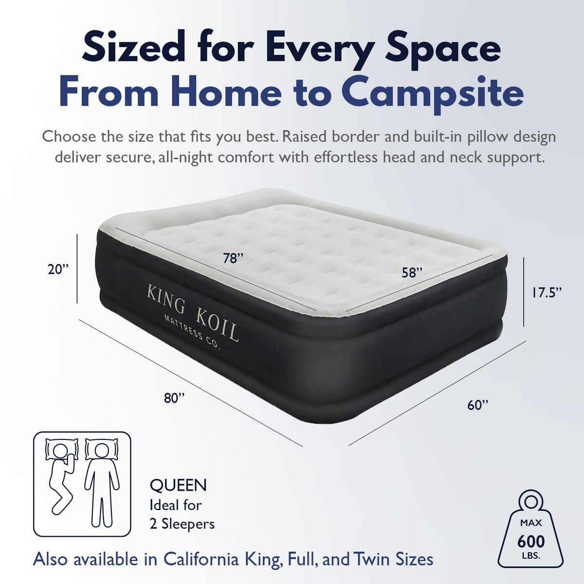 King Koil Luxury Pillow Top Plush Queen Air Mattress with Built-in High-Speed Pump Best for Home, Camping, Guests, 20" Queen Size Double Airbed Adjustable Blow Up Mattress, Waterproof, 1-Year Warranty