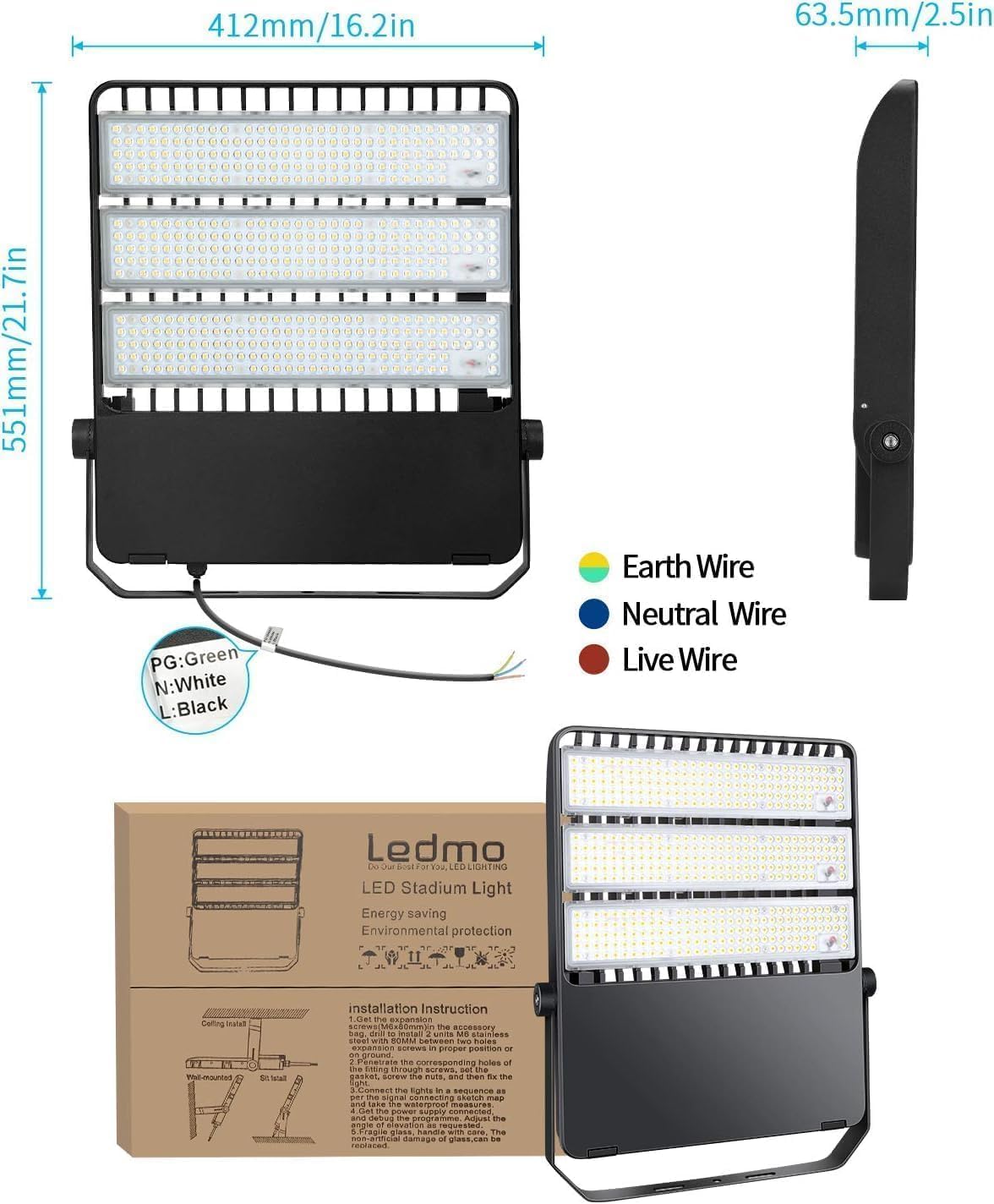 ledmo LED Flood Light Outdoor, 360W 50400LM Stadium Lighting, IP65 Waterproof, 5000K Daylight Commercial Lighting, for Large Yards, Parking Lots, Sports Fields, Arena (Easy Hardwired, Switch Control)