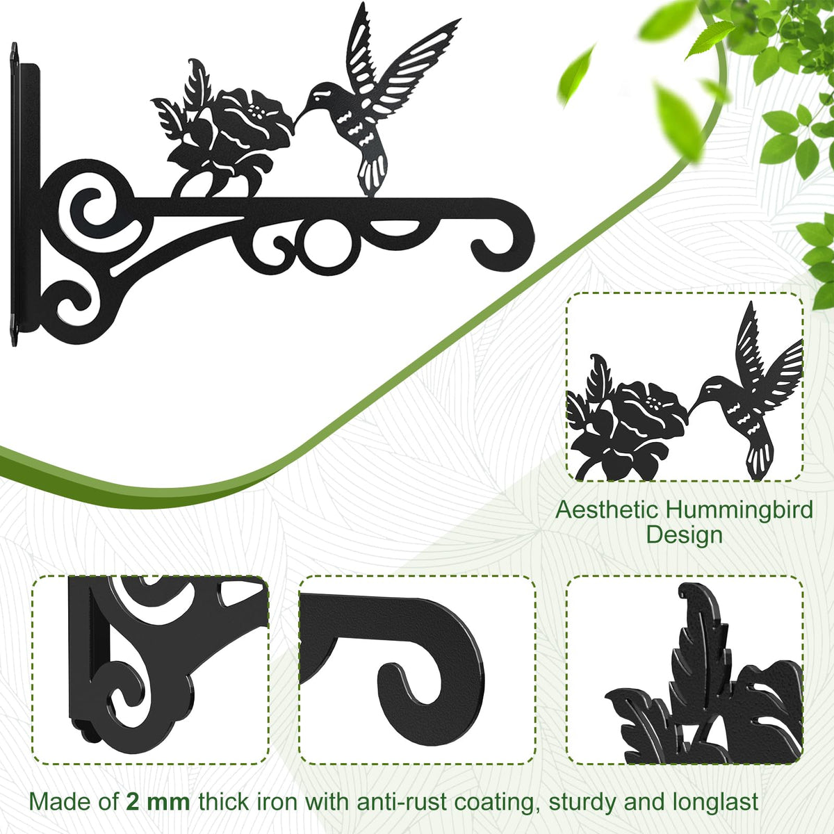 4-Pack 10 Inch Aesthetic Plant Hanger Indoor and Outdoor – Metal Hanging Plant Bracket with Hummingbird Pattern – Heavy Duty Plant Hooks for Hanging Flower Baskets, Bird Feeder, Wind Chime, Lantern