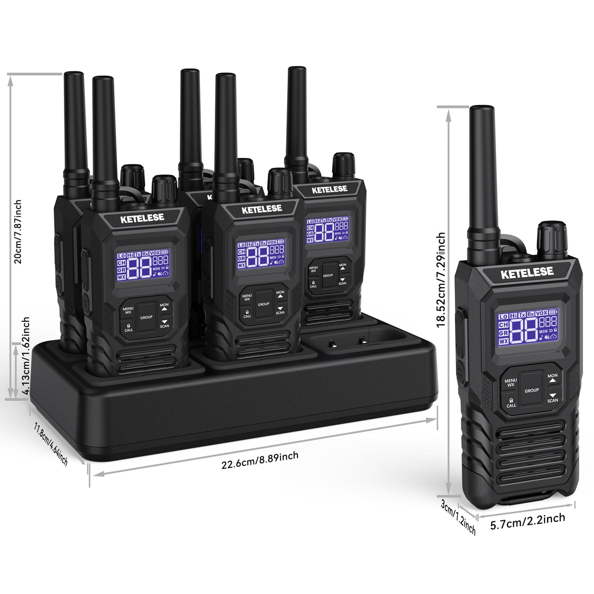 Ketelese T4 Rechargeable Walkie Talkies Long Range, IP67 Waterproof Two Way Radio, 30 Channels Walkie Talkie with Earpiece, TypeC Dock&Cables, NOAA, VOX, Group Call, PTT, 6pack, Balck