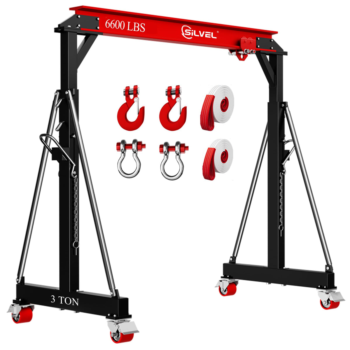 SILVEL 3 Ton Gantry Crane, Max 6600Lbs 8.53FT Maximum Capacity Width, Adjustable Height 8.53-12.47FT, Portable Shop Lift Hoist with 3 Ton Manual Trolley for Factories, Warehouses, Garage, Red