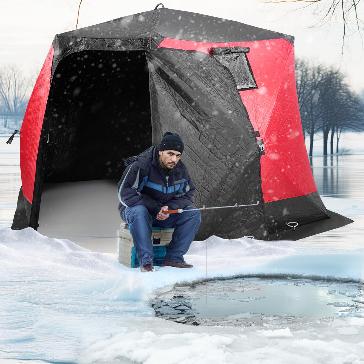 VEVOR Pop Up Ice Fishing Tent, 4-6 Person Large Insulated Shelter, 87x79x78 50sq ft Fishing Area, Portable Hub-Style Shanty for Winter, Ice Cube with Anchors, Ropes, Carrying Bag