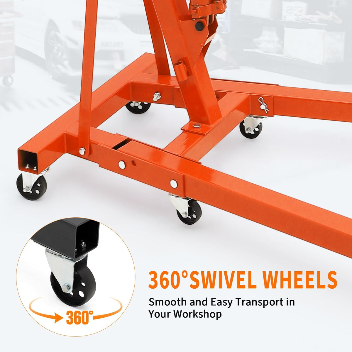 2-Ton Folding Engine Hoist Cherry Picker 44 Lb Capacity Hydraulic Shop Crane with Telescoping Boom 6 Caster Wheels for Automotive Repair Garage Use Includes Hitch and Storage Stand Orange
