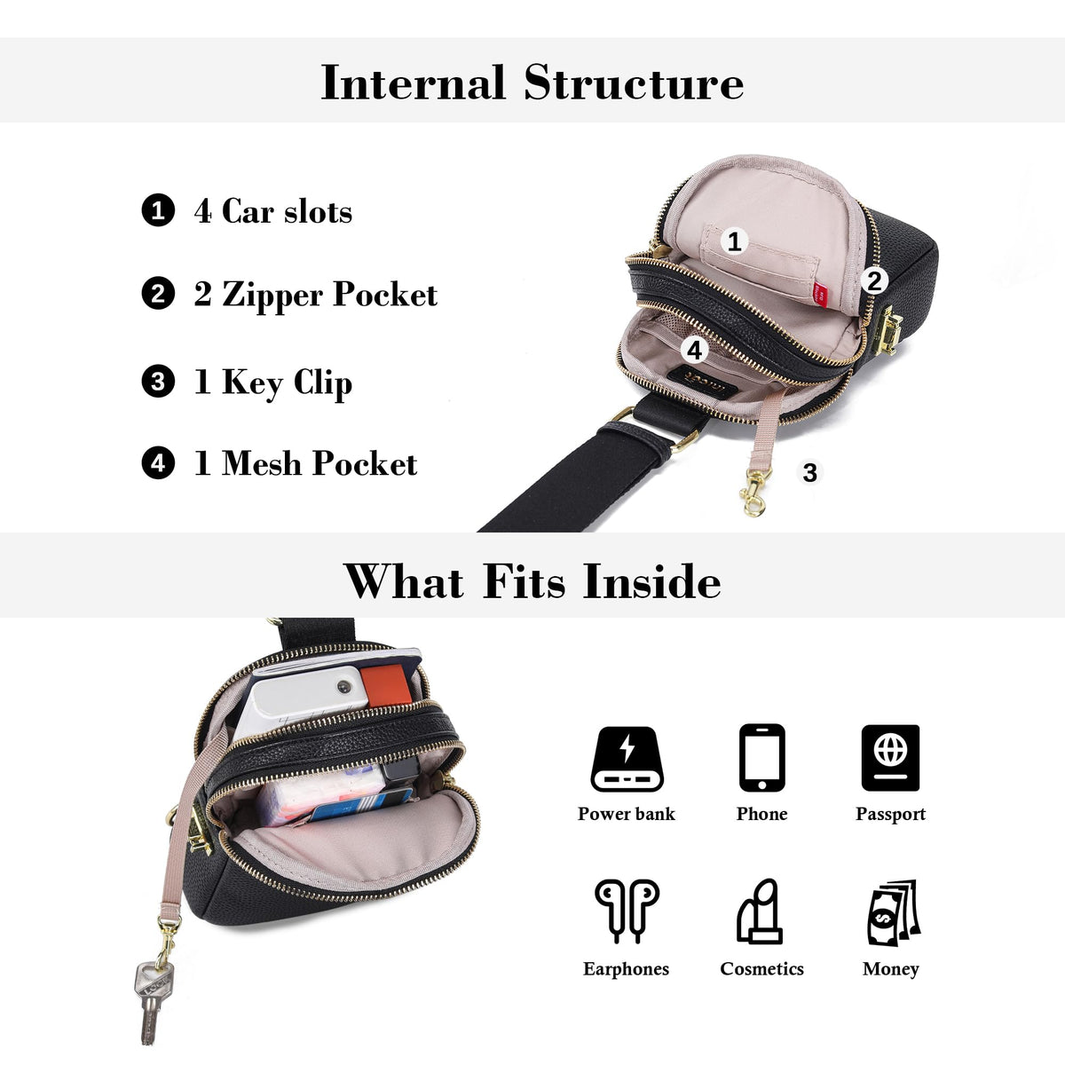 INICAT Anti Theft Crossbody Bag for Women, Small RFID Blocking Sling Purse with Zipper Lock for Travel, Vegan Leather(Black)