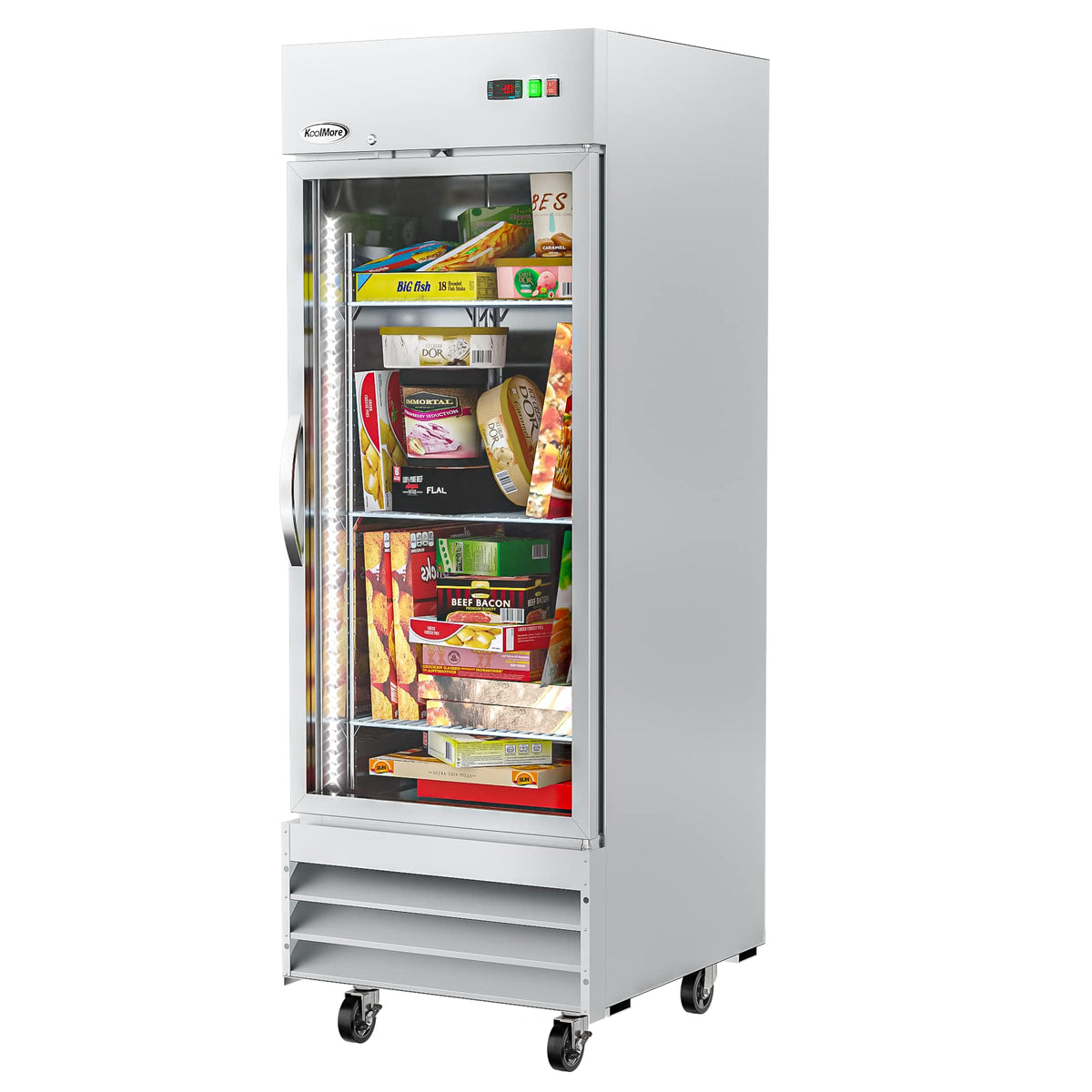 KoolMore Commercial Stainless-Steel Upright Freezer with Reach-In Self-Close Glass Door, 3 Storage Shelves, Heavy-Duty Caster Wheels, Frost-Free Temperature Control - 23 Cu.Ft [Silver] (RIF-1D-GD)