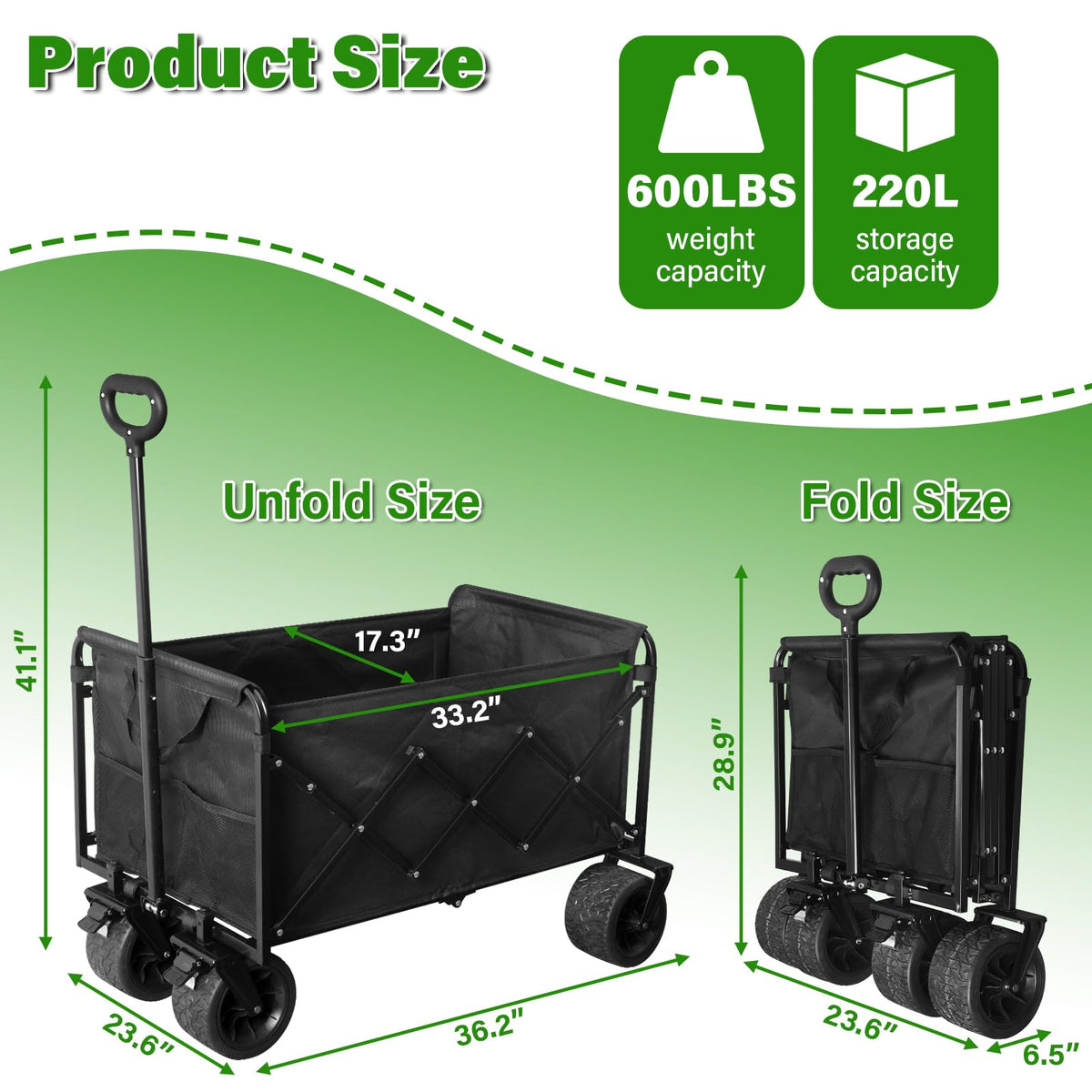 Folding Wagon Cart with All-Terrain Wheels – Heavy Duty Collapsible Utility Wagon for Grocery, Sports, Garden, Camping, Shopping (Black 600LBS)