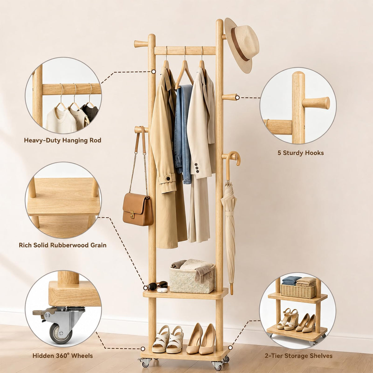 Solid Wood Coat Rack Freestanding Clothing Rack with Wheels & 2 Shelves Storage & 5 Hooks Heavy Duty Clothes Rack Wood Coat Tree Stand Hat Hanger Rack for Corner Bedroom Entryway Living Room Hotel