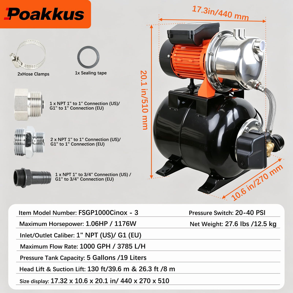 Ioboneed 1 HP Shallow Well Pump with Pressure Tank, 1000 GPH, Automatic Irrigation Water Booster Pump with 130 ft Head Lift 20/40 PSI Pressure Switch 304 Stainless Steel Pump Head for Home Garden Lawn