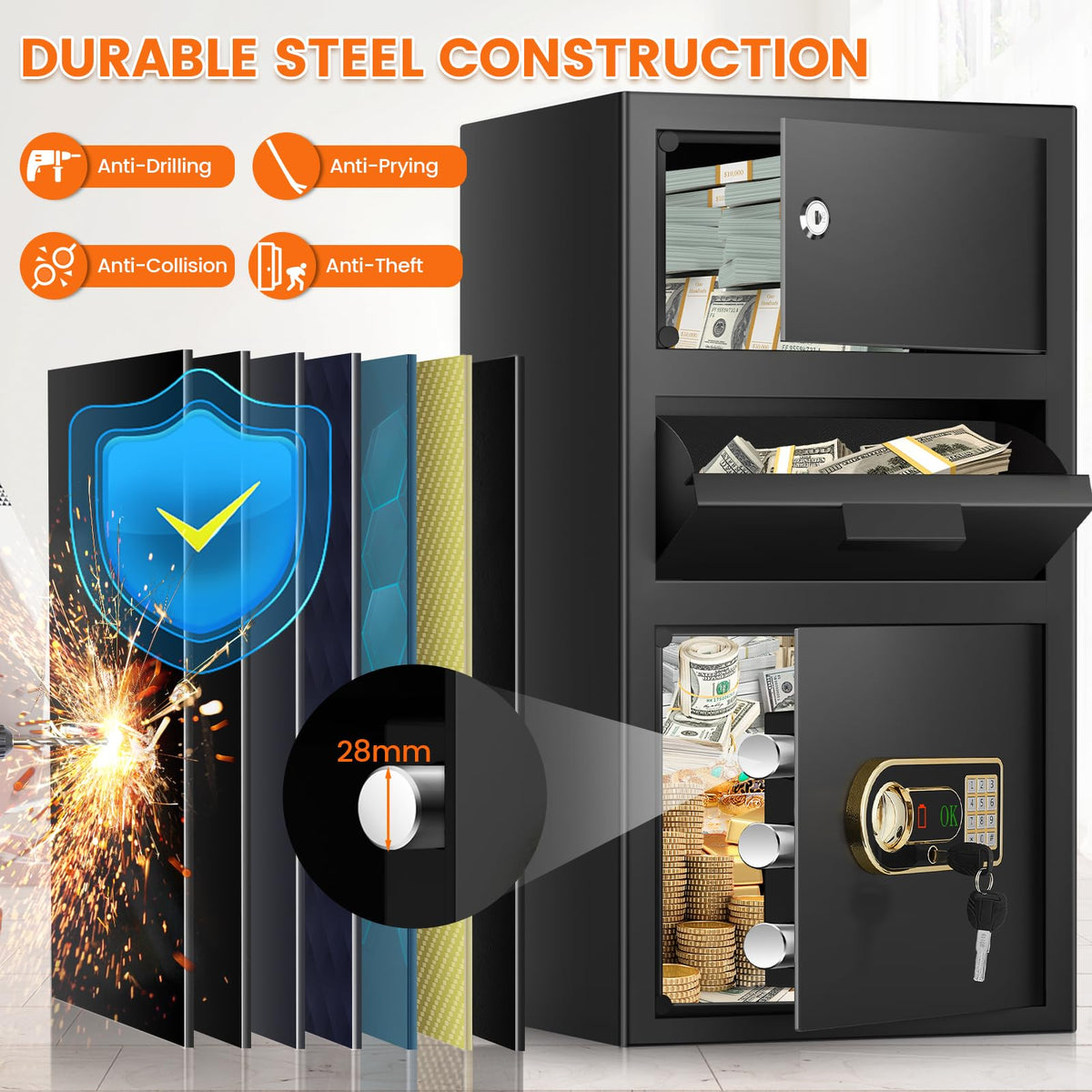 6.0 Cu ft Large Drop Safe Box for Business, Anti-Theft Cash Safes Drop Box with Drop Slot, Digital Keypad and Spare Key, Heavy-duty Depository Drops Safe for Home Retail Busines Restaurants